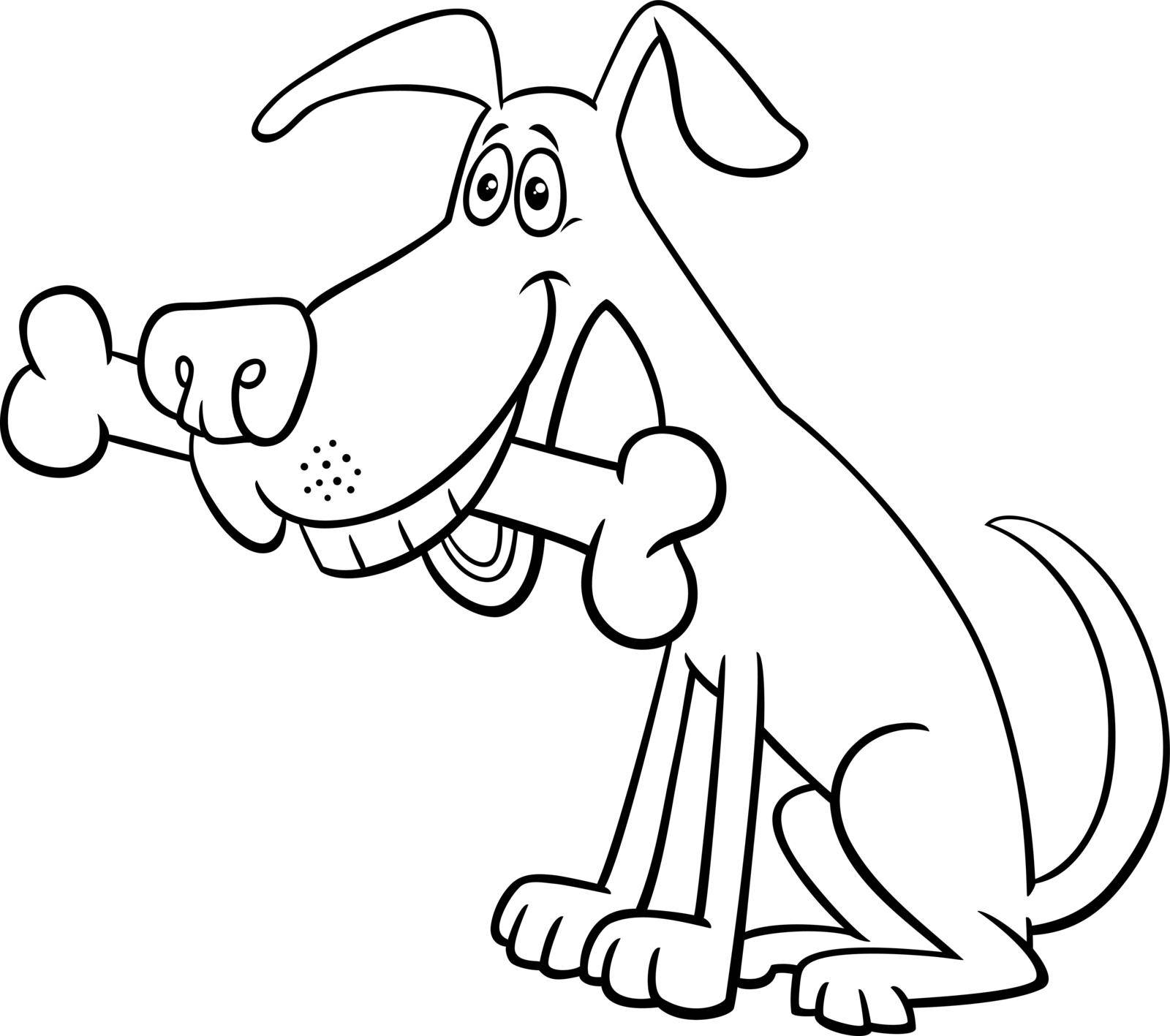 Black and white cartoon illustration of happy dog comic animal character with bone coloring page