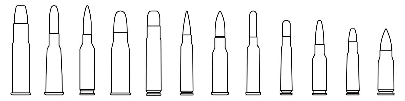 Bullet icons set. Cartridge icon in linear design. Military ammunition. Bullet or patron silhouette. Vector illustration.