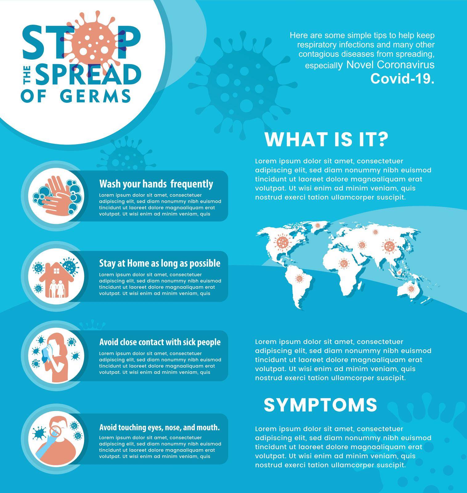 A vector illustration of Corona virus awareness poster template to aware and stop the spread of germs corona virus pandemic 