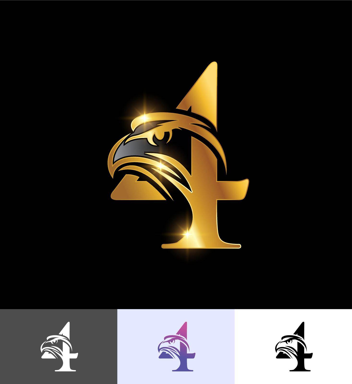 A vector illustration set of Golden Eagle Monogram Number 4 in black background with gold shine effect