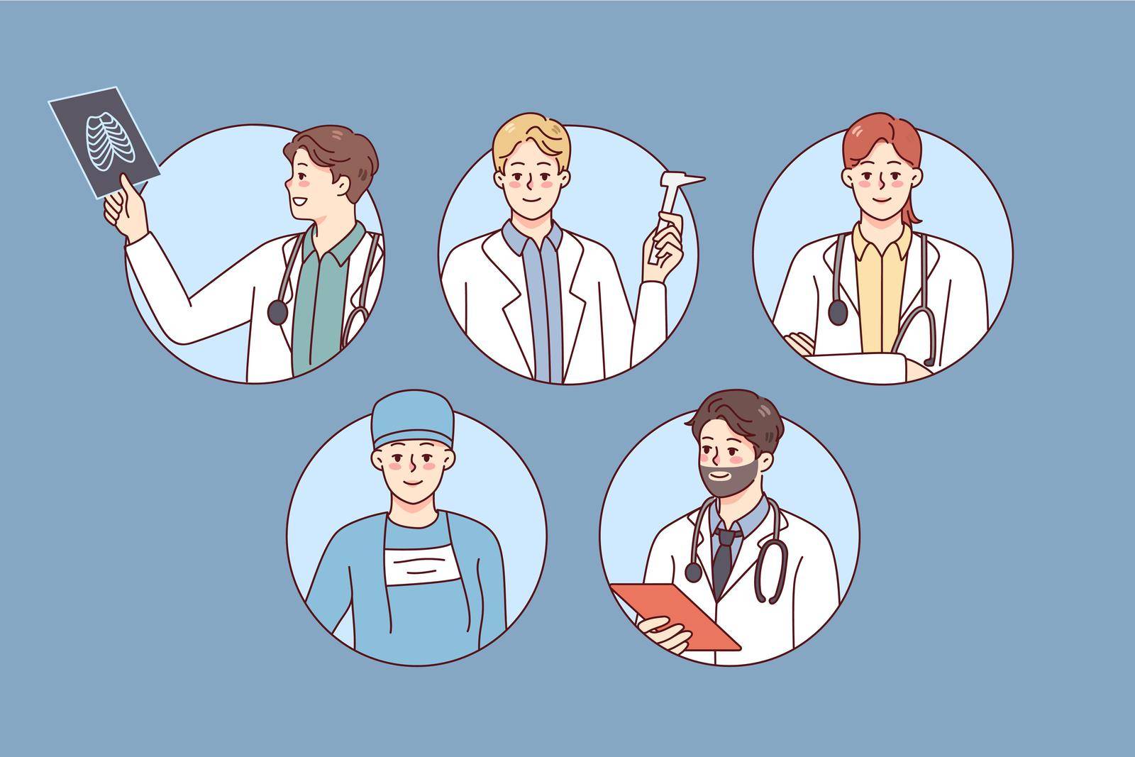 Profile pictures of medical staff in white uniforms. Avatars of doctors and nurses working in hospital. Medicine and healthcare. Vector illustration.