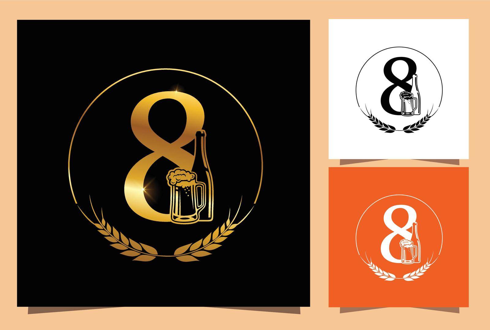 A Vector Illustration Sign of Gold Glass and Bottle Beer Numeric 8 in black background with Golden Shine Effect