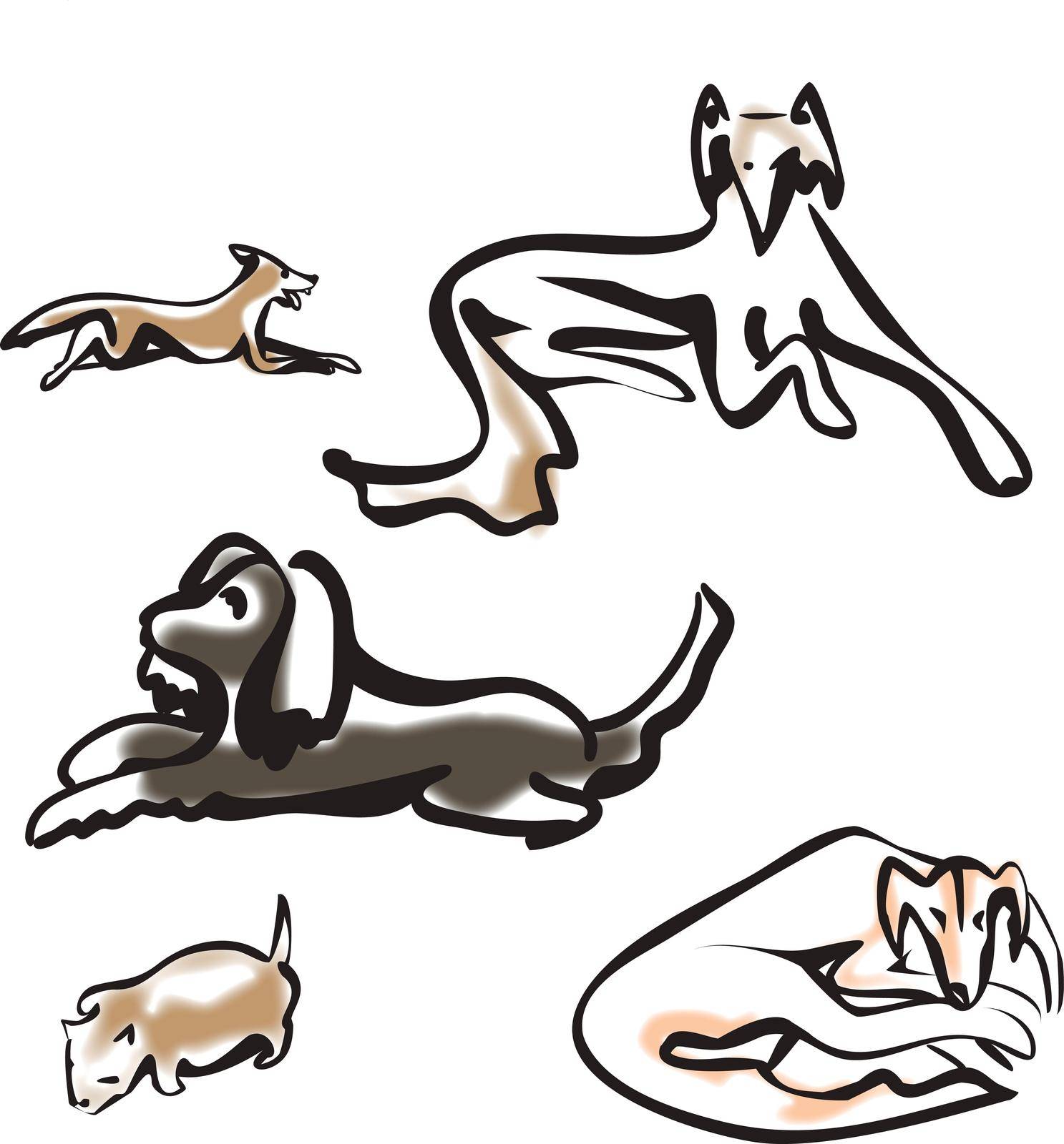 Cute yawning sleepy dog set. Collection of purebread dog of various breed sitting or lying. Funny domestic pet want to sleep. Group of animal. Isolated vector illustration in ink style