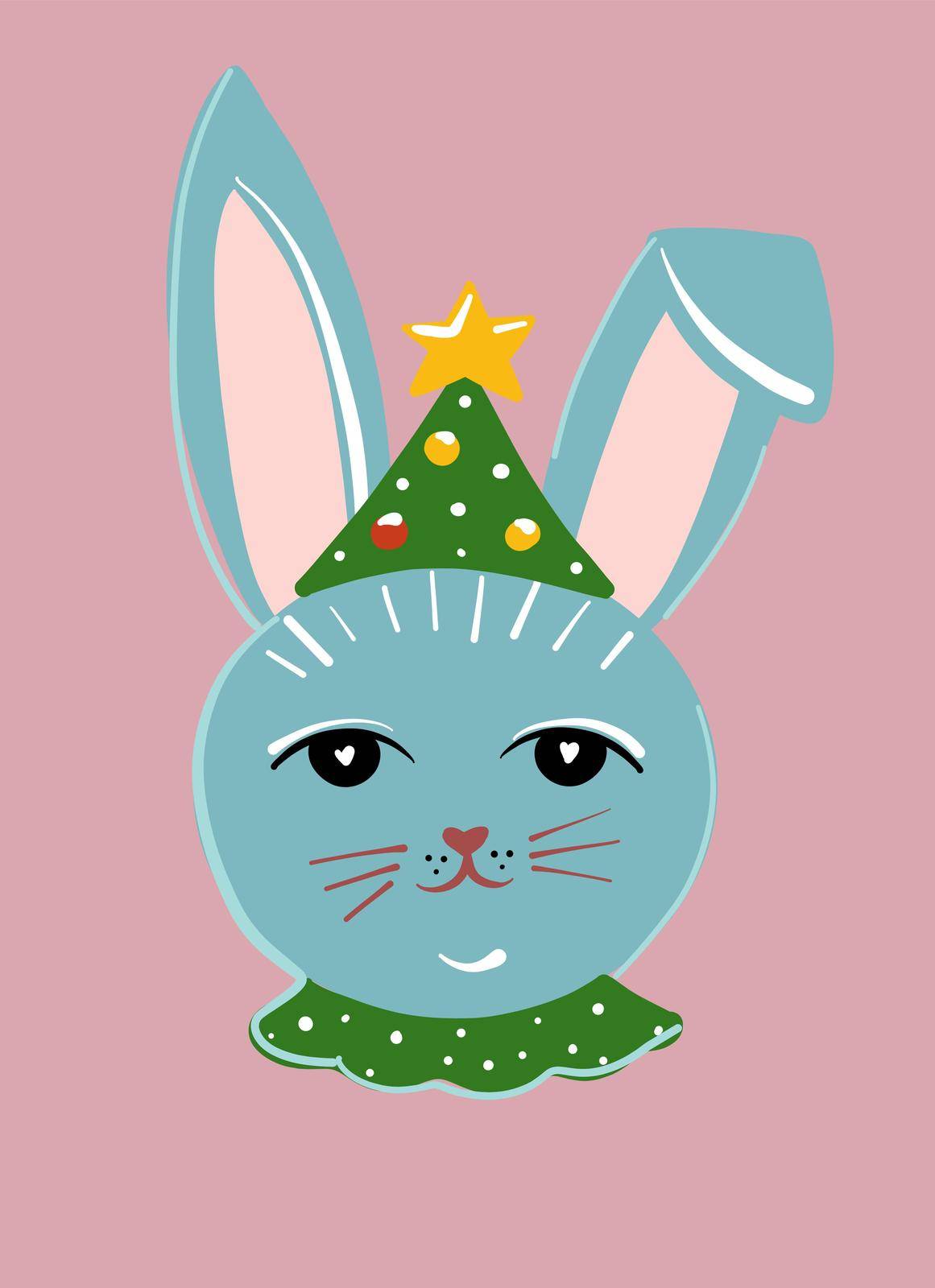 Cute blue rabbit in a festive hat. He s a Christmas tree. The head of a rabbit in the cartoon style. Illustration, vector.