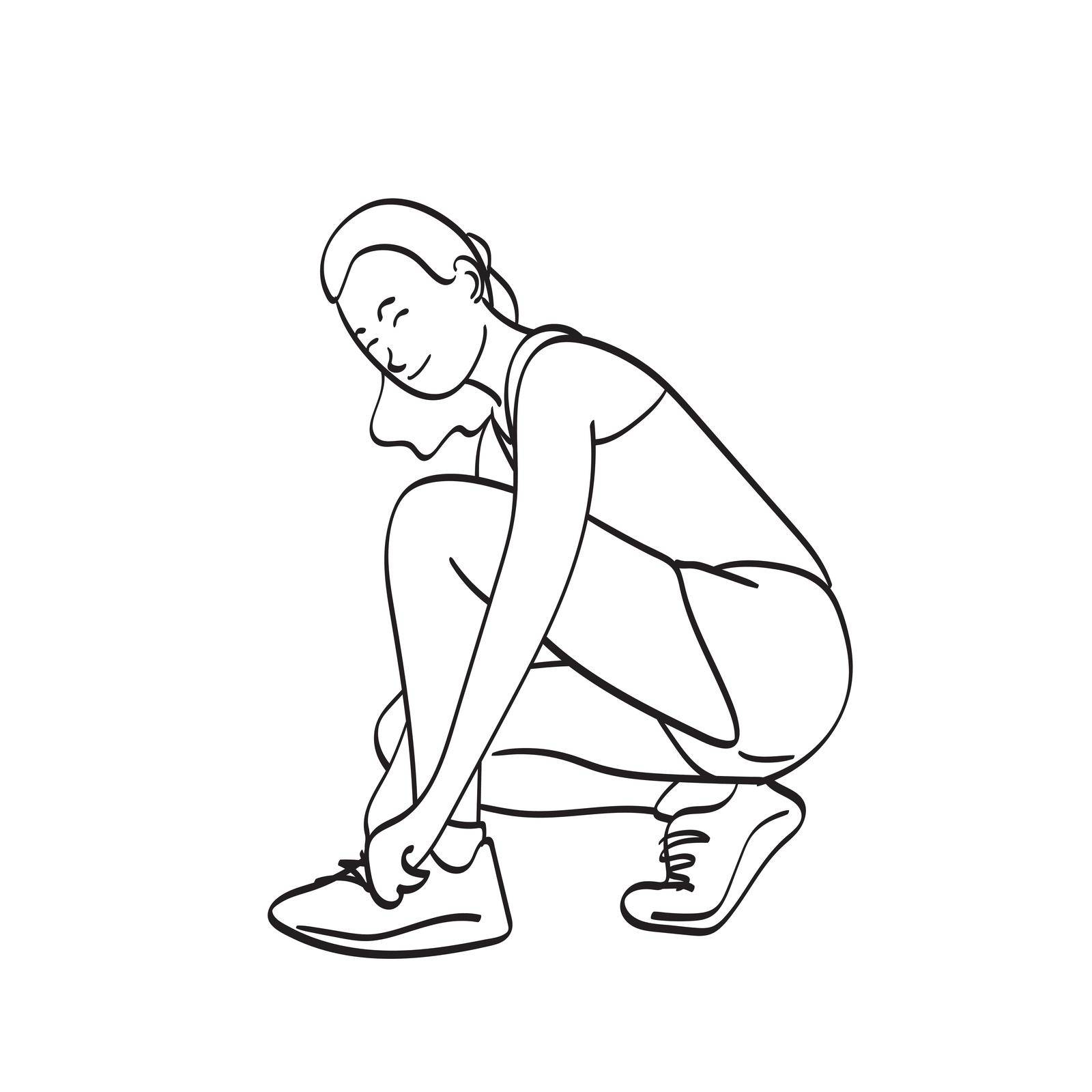 smiling woman wearing sportwear ties shoelaces preparing for workout illustration vector hand drawn isolated on white background line art. by tidarattj