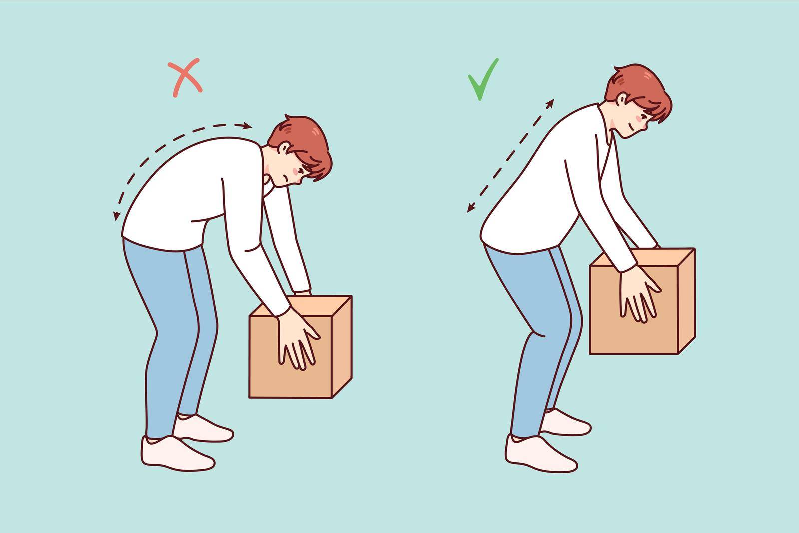 Correct technique of lifting heavy packages. Man lift box wrong and right. Back health safety concept. Flat vector illustration.