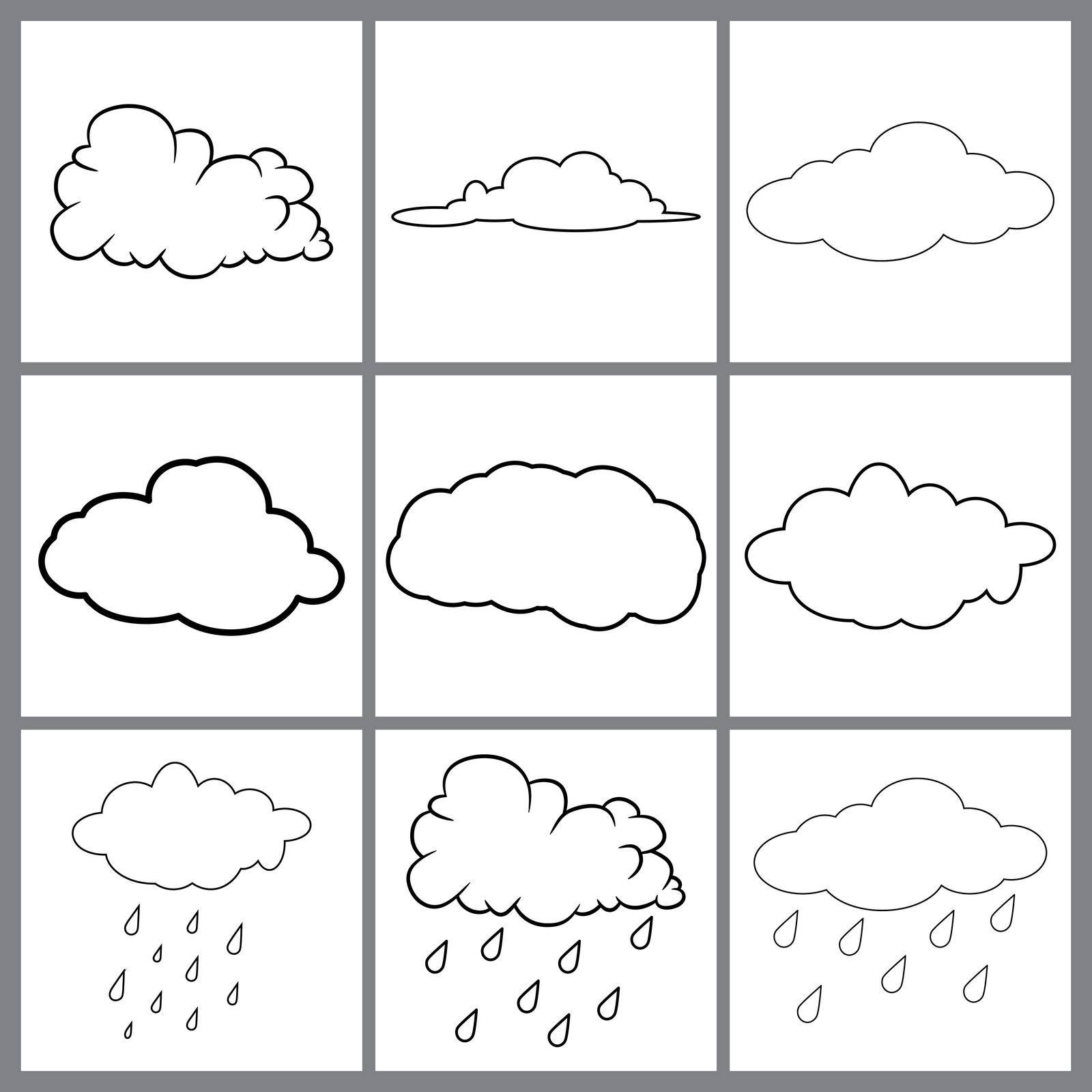 clouds line art set. Cloud icon, cloud shape. Set of different clouds. Collection of outline cloud Vector design isolated on white by wektorygrafika