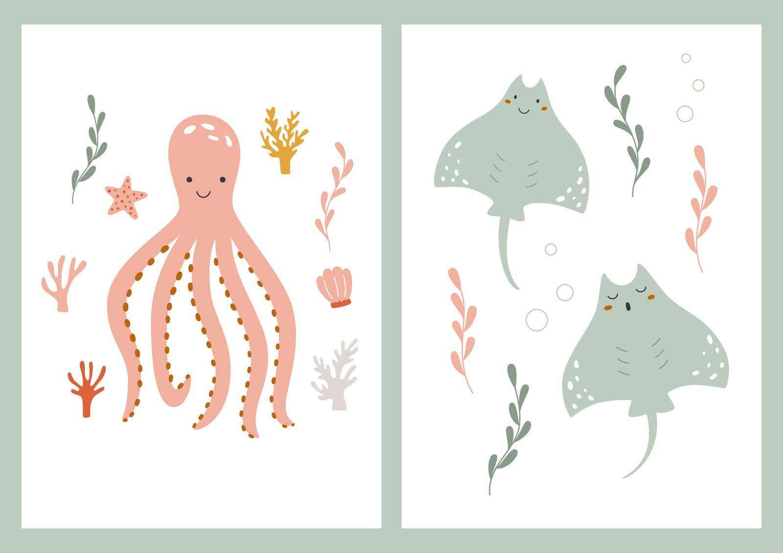 Children set posters with octopuses and stingrays. Vector illustration of flat with animal characters