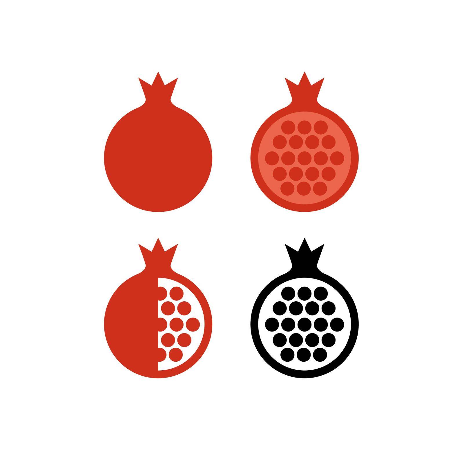 Pomegranate icons set. Whole fruit, half and without slice. Vector pictograms isolated on white.