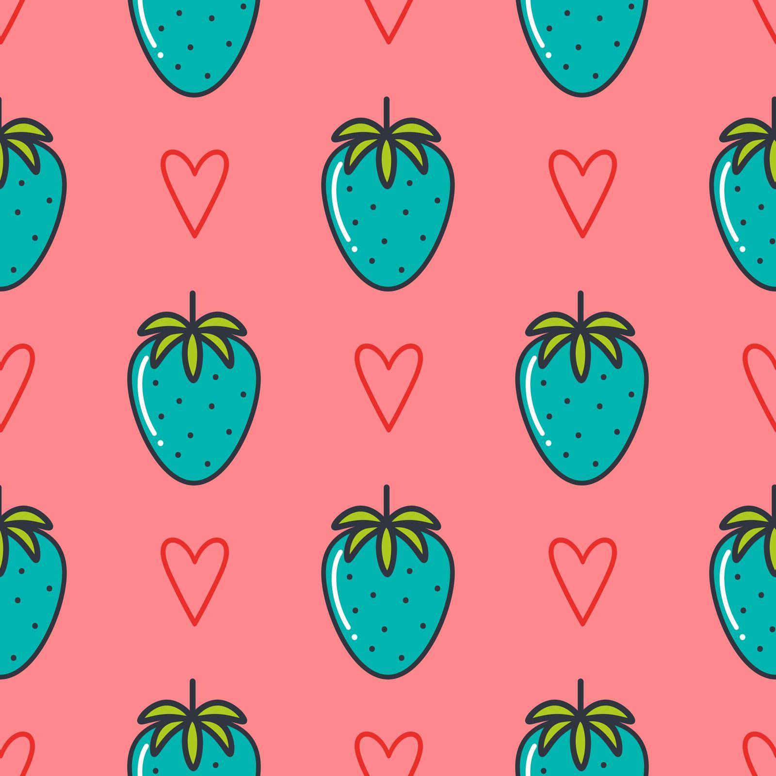 Unusual blue strawberry vector seamless pattern. Modern print with berries and hearts. Summer bright background. Template for packaging, textile, design