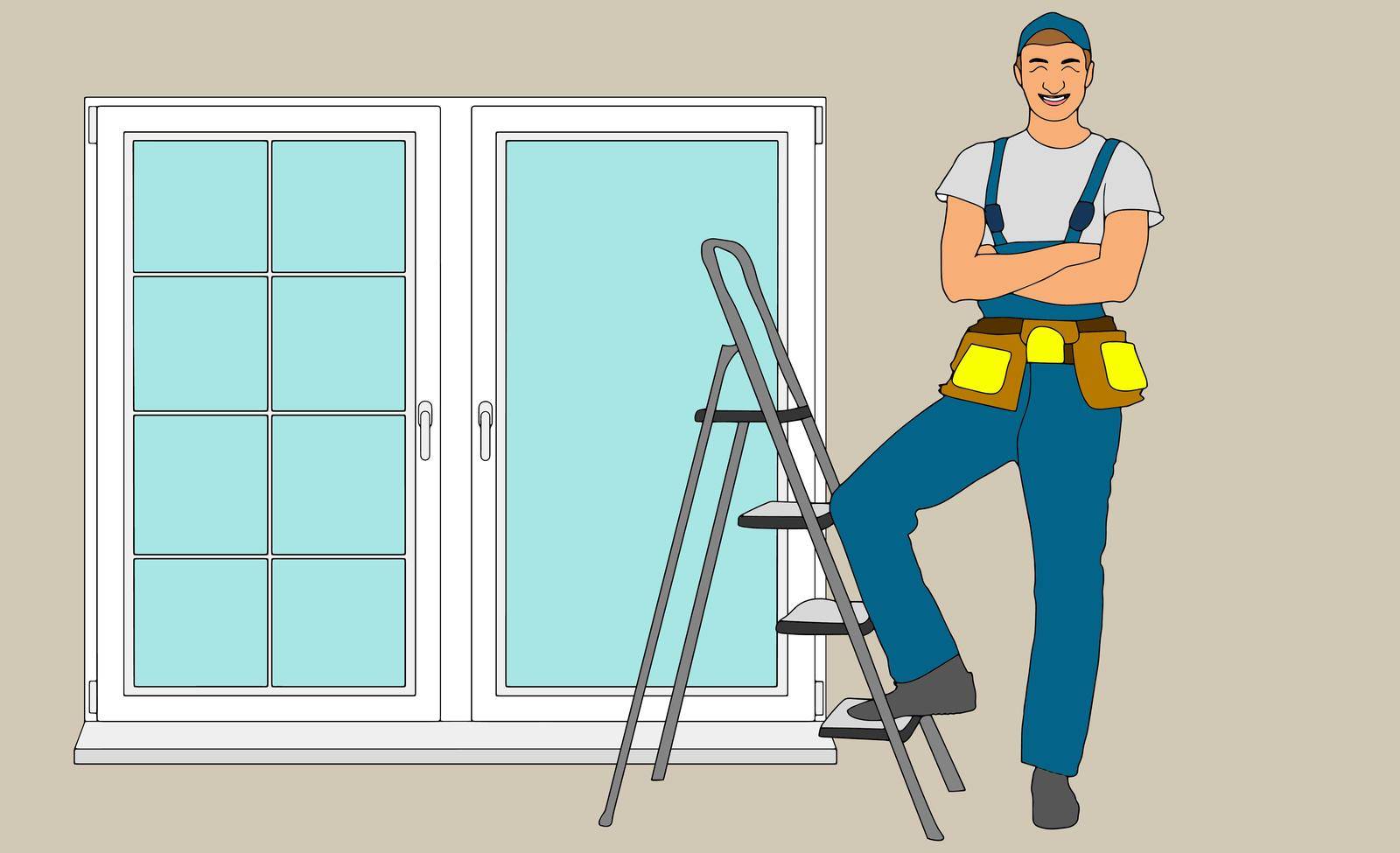 Set of installation of window flat icons.Installation of windows flat style illustration. Measuring Windows and dismantling old windows, window installation. Vector illustration
