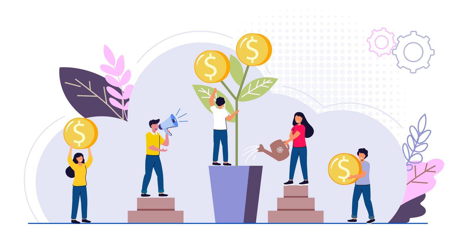 Invest in best idea Investment and analysis money cash profits metaphor Flat design tiny people and business concept for trading. Economical wealth revenue visualized as pile of cash vector illustration