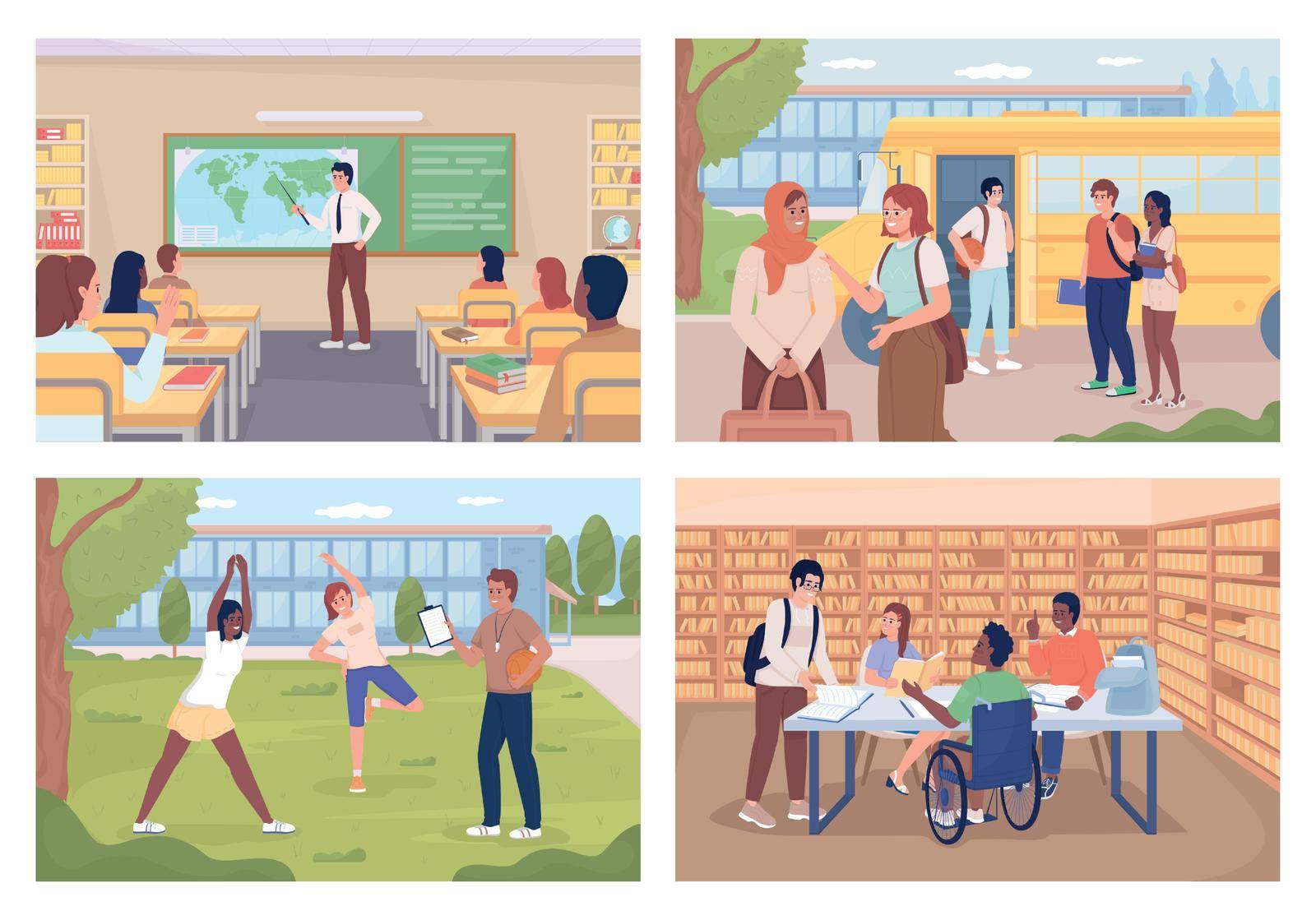 Daily routine of school students flat color vector illustration set. School education. Academic period. Fully editable 2D simple cartoon characters collection with school environment on background