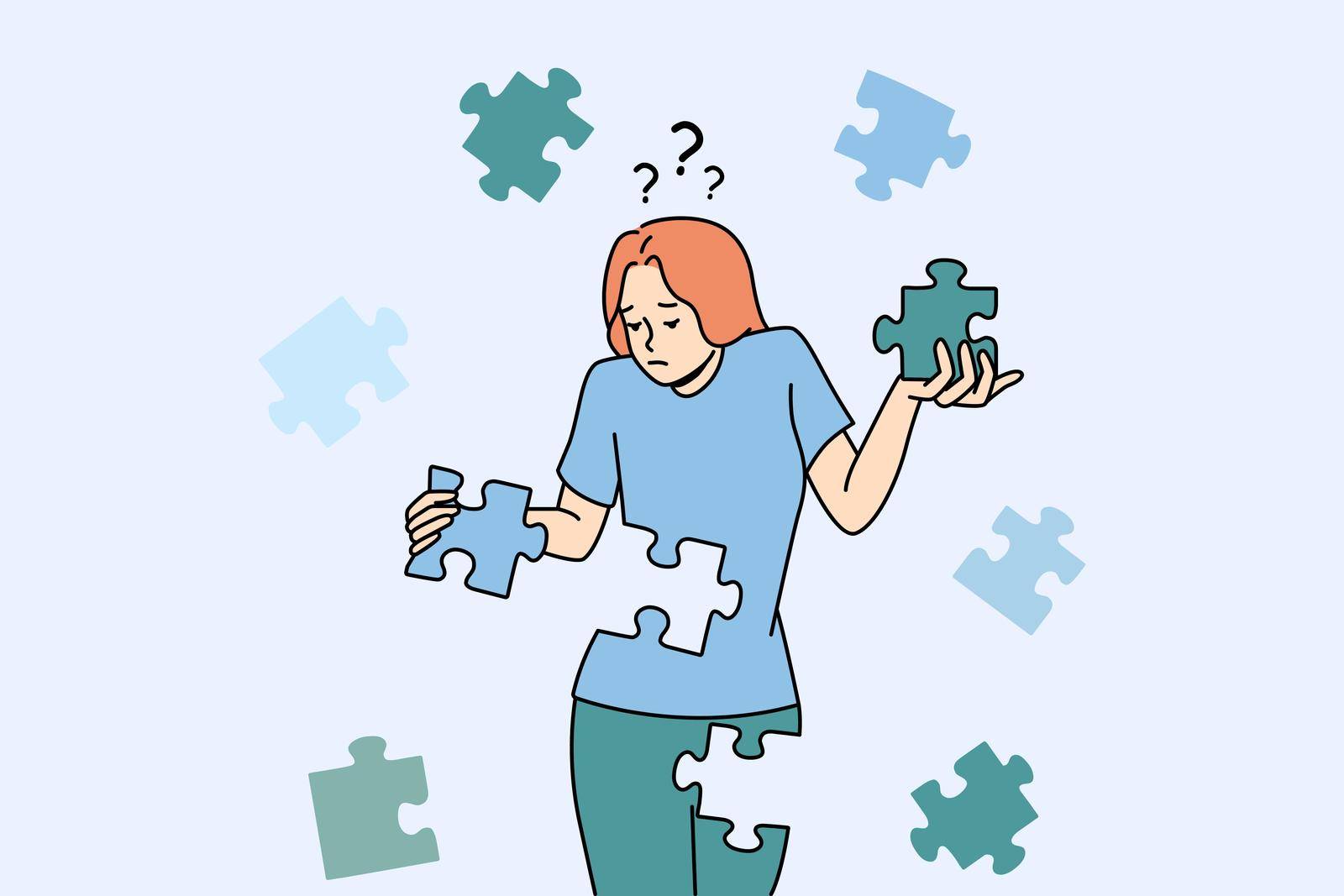 Confused woman connect puzzles rebuild personality by VECTORIUM