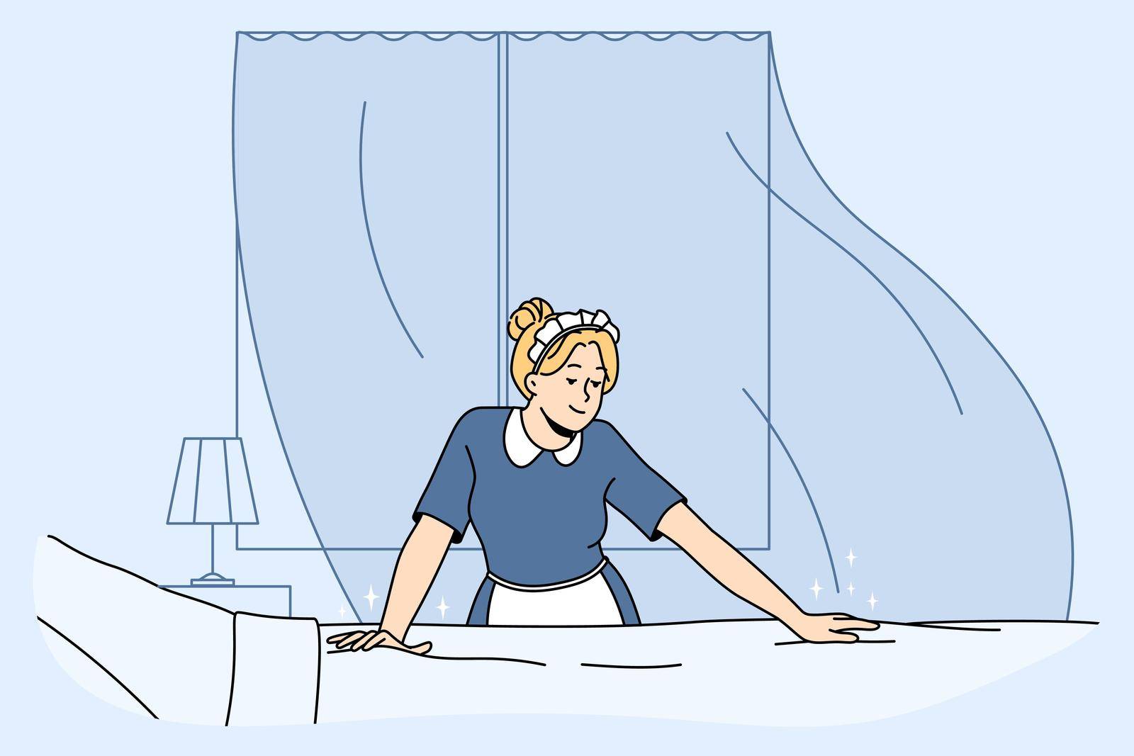 Maid changing bedding cleaning hotel room. Housekeeper in uniform working. Housekeeping service. Vector illustration.