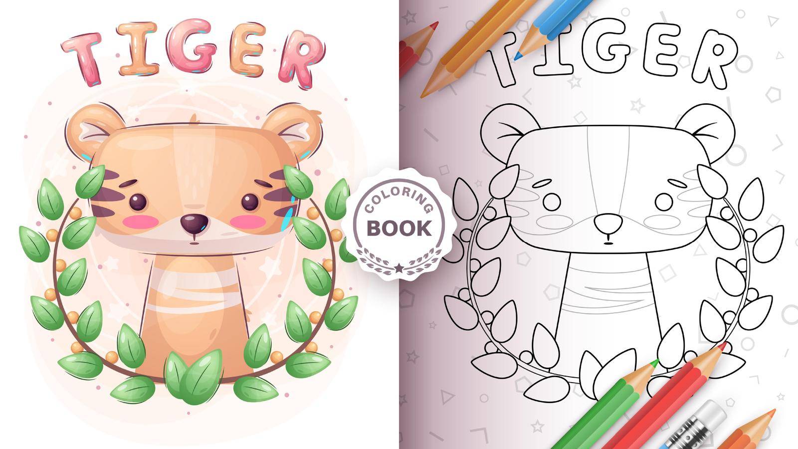 Tiger in forest - coloring book. Vector eps 10
