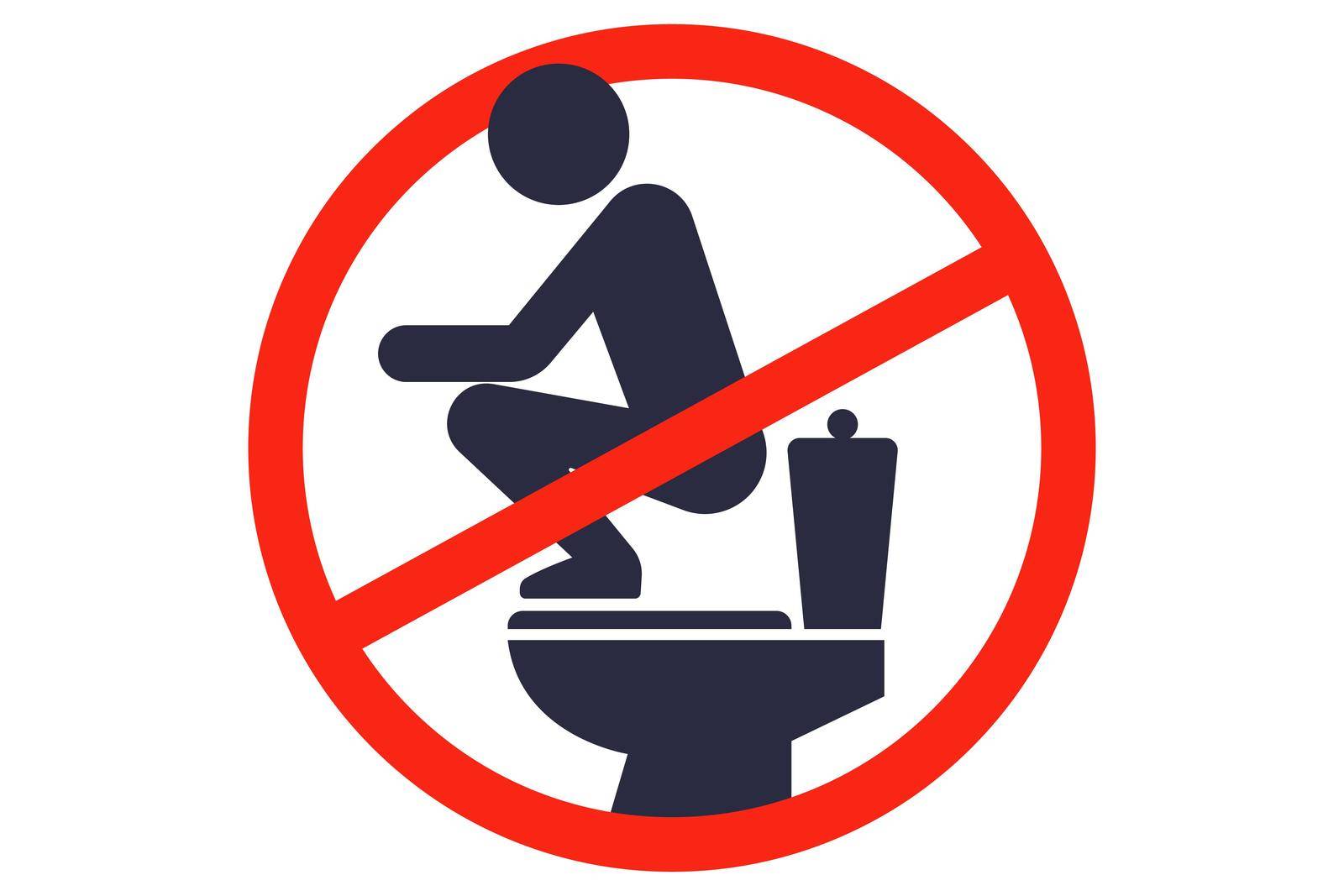 a sign of the prohibition to stand on the toilet. wrong posture for the toilet. flat vector illustration.
