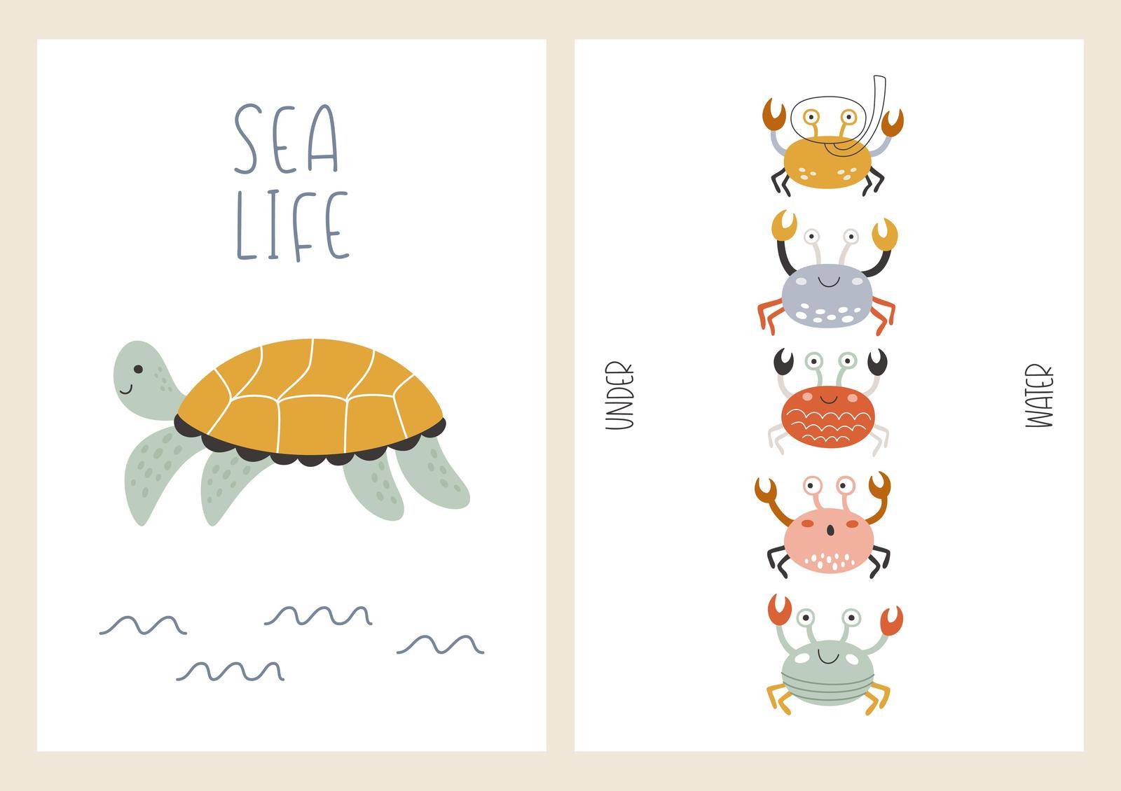 Cute set of marine posters with underwater animals by lera_feeva