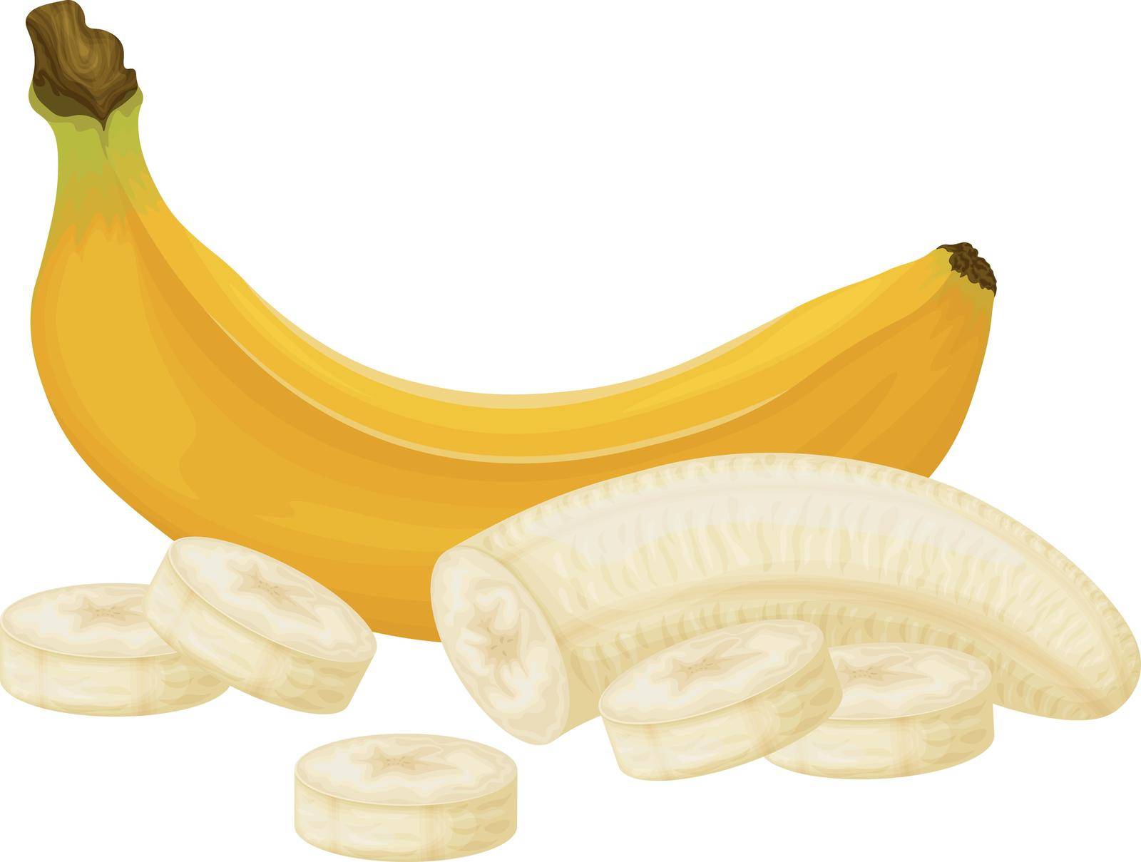 Bananas. Image of bananas. Bananas peeled and cut into pieces. Tropical fruit. Vegetarian product. Vector by NastyaN