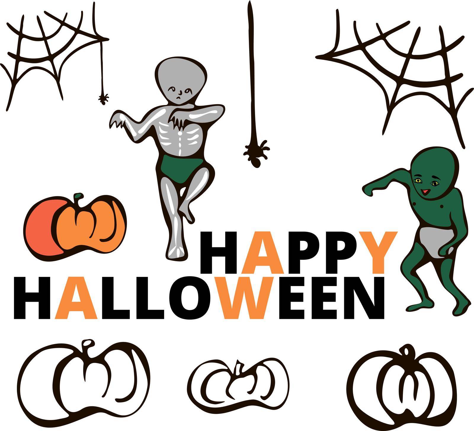 Vector Kawaii Cute Halloween Set with zombies and a skeleton by kajasja
