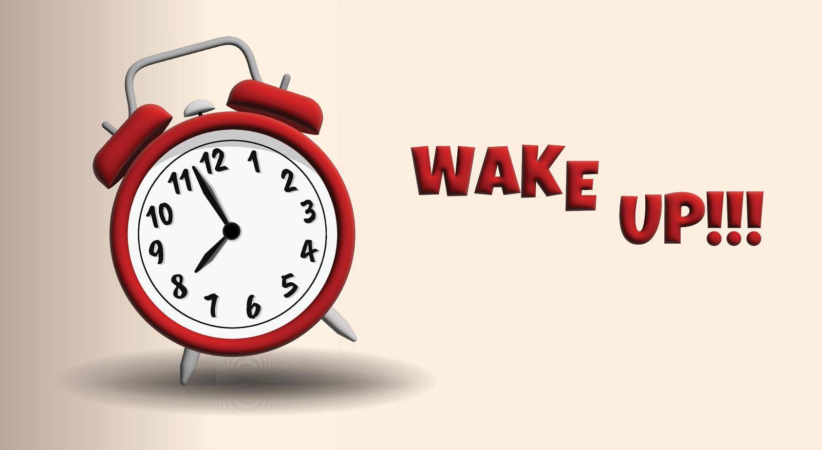 Red clock with wake up alarm text in 3d vector graphic. Morning time alert bell watch in modern style