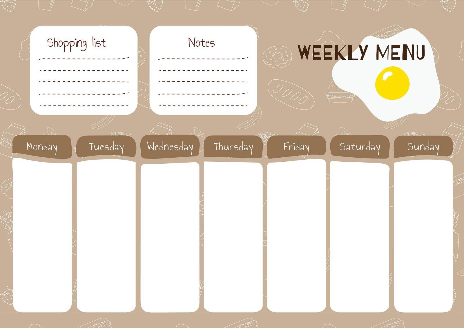 Daily shopping list in vector for every day meal menu. Food planner for healthy nutrition