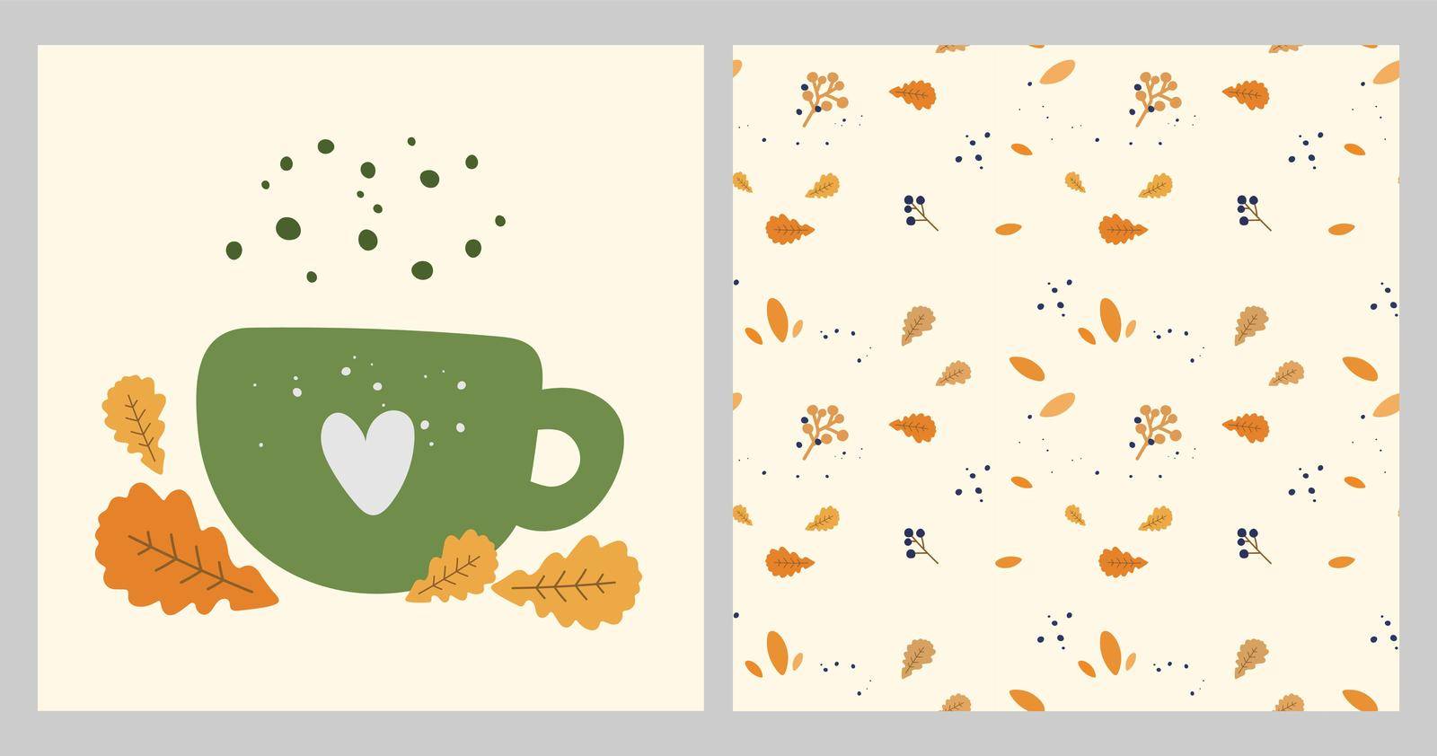 Autumn orange leaves and mug with hot seasonal beverage vector cozy illustration set of postcards. Fall cup with coffee and tea cartoon paint with text collection
