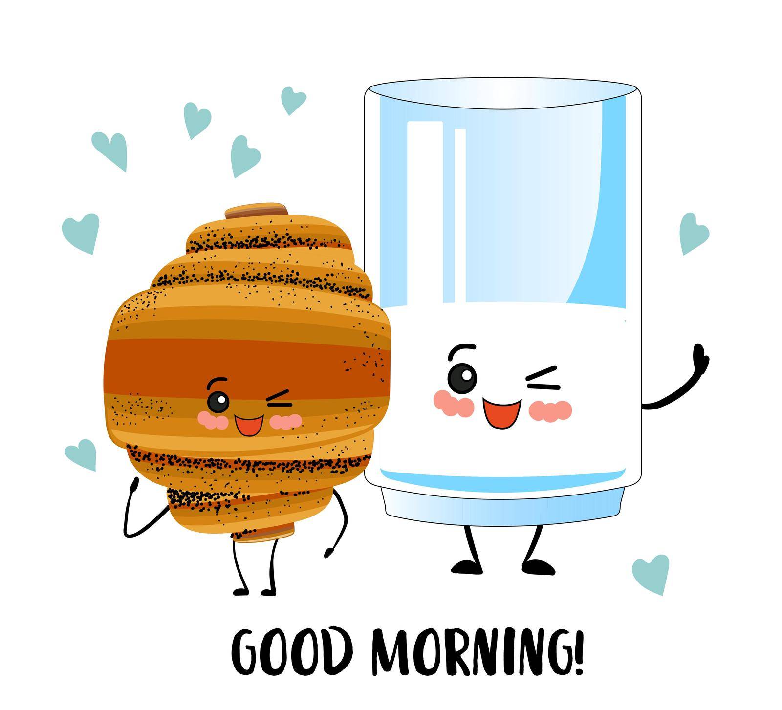 Good morning. A glass of milk and a croissant. Superhero Breakfast. Cute cartoon characters on a white background.