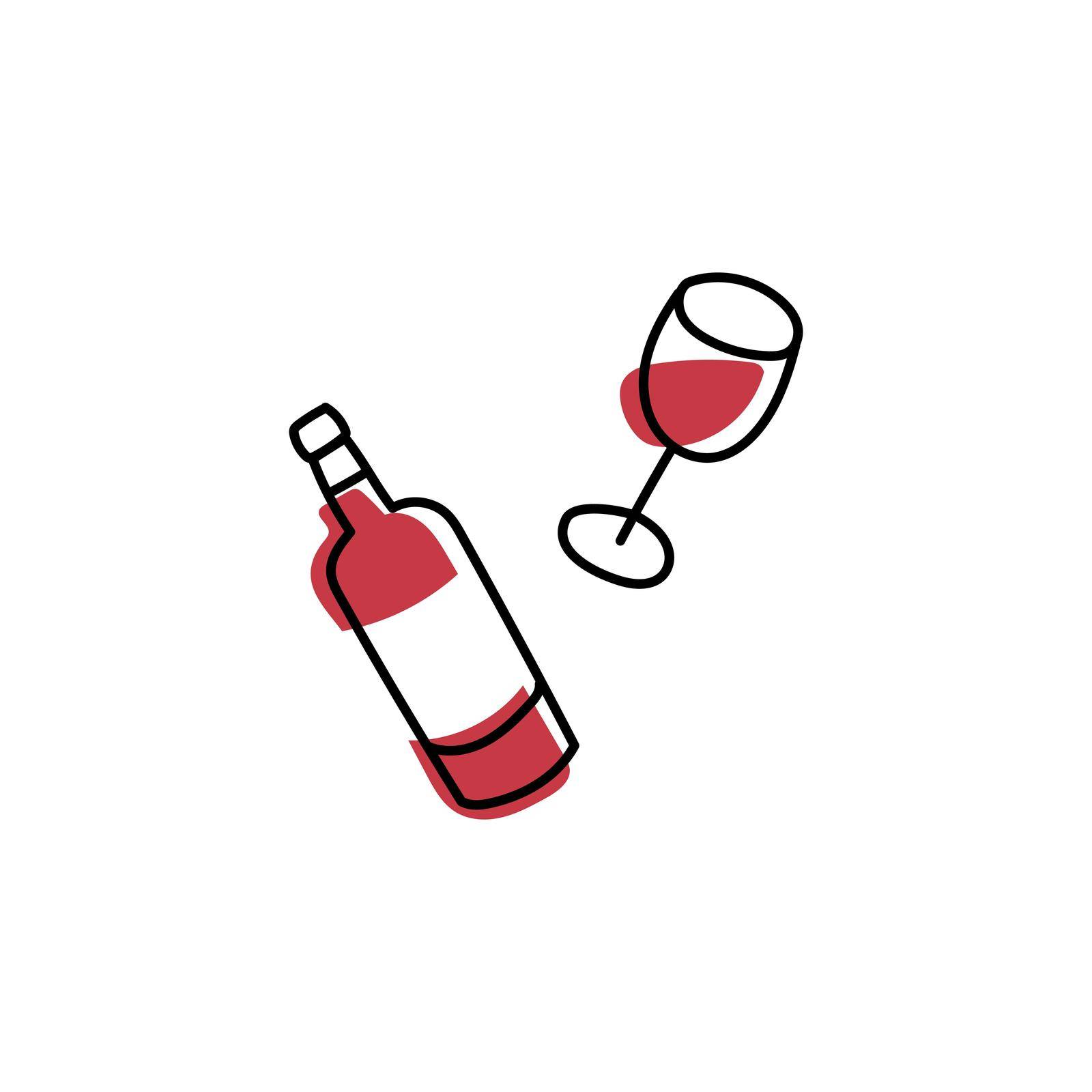 Simple minimalist red wine icon, offset color with black hand drawn doodle outline. Isolated on white background.