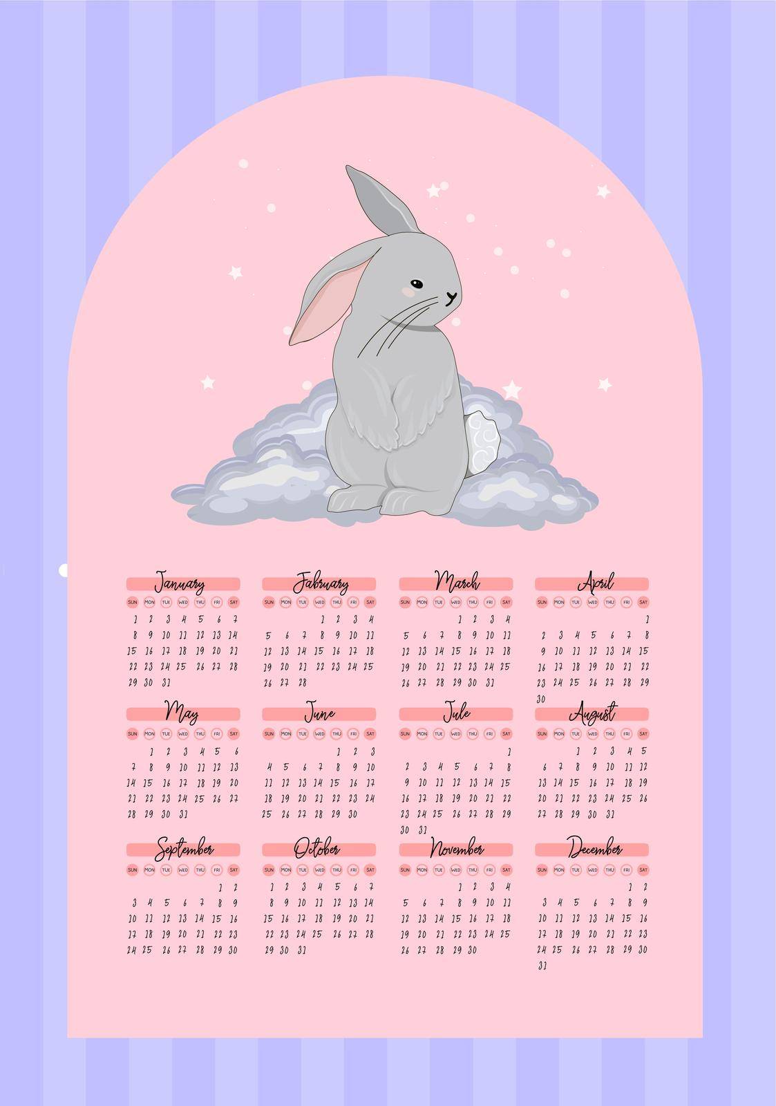 Calendar 2023 with cute rabbits. children's poster. Year of the cat and rabbit. Symbol of 2023. Vector illustration in trendy colors.
