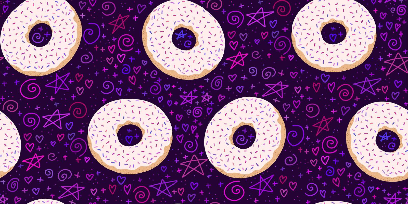 Donuts seamless pattern. Pastry with glaze and sprinkles, floating in space, with abstract doodles on a dark background. Flat hand-drawn illustration.