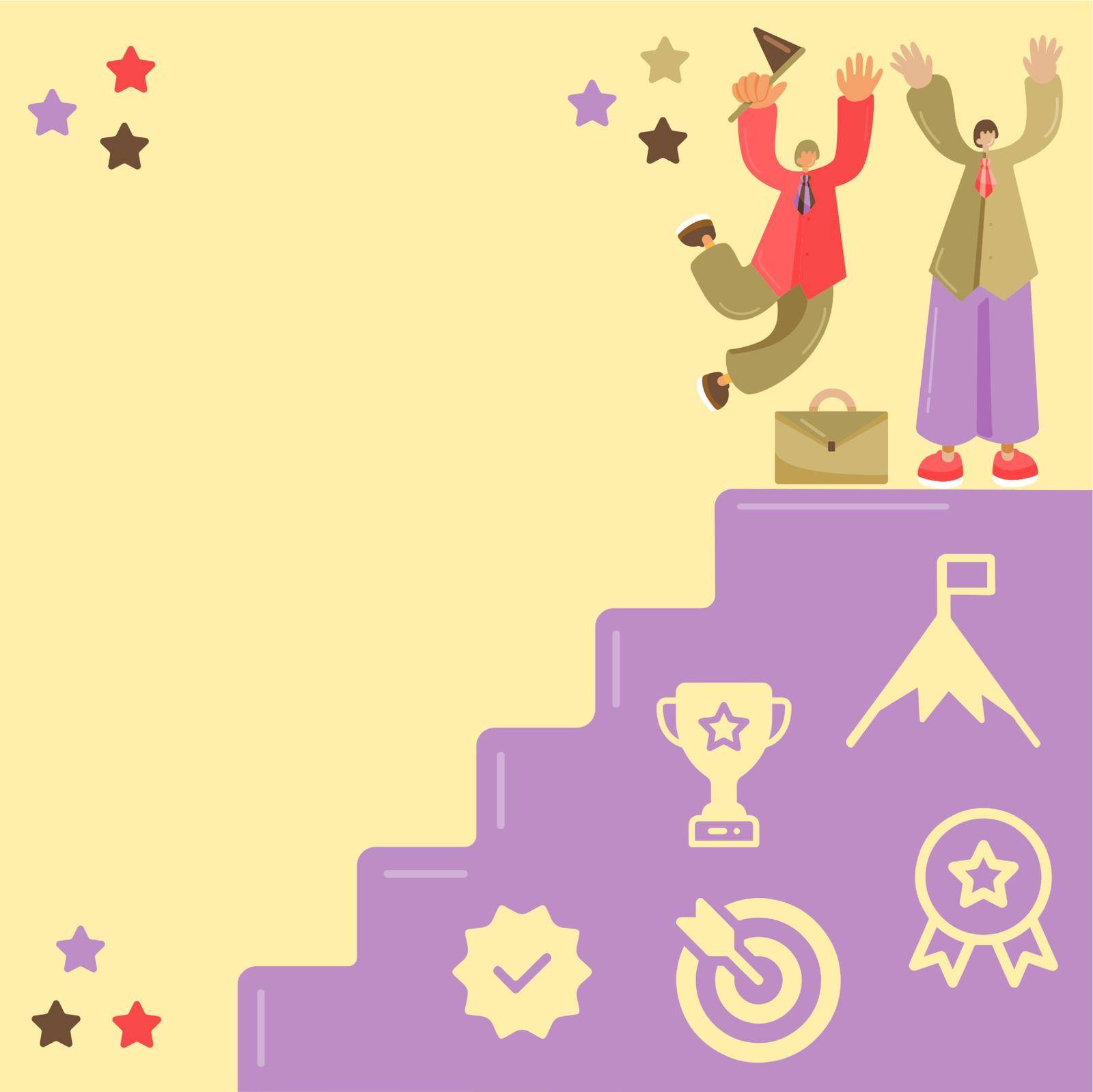 Success Stairscase With S Moving Up Celebrating Business Team. Cartoon Drawing Achievement Symbol Scale Rising Up Coworkers Competition. by nialowwa
