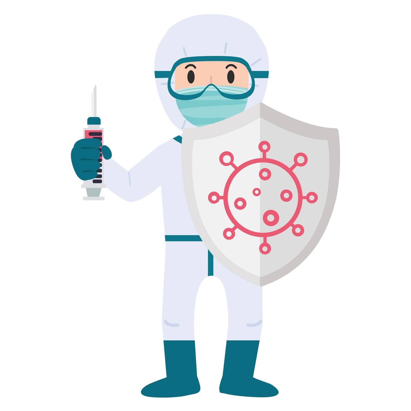 Biosafety worker With Shield And Syringe cartoon for covid19 concept