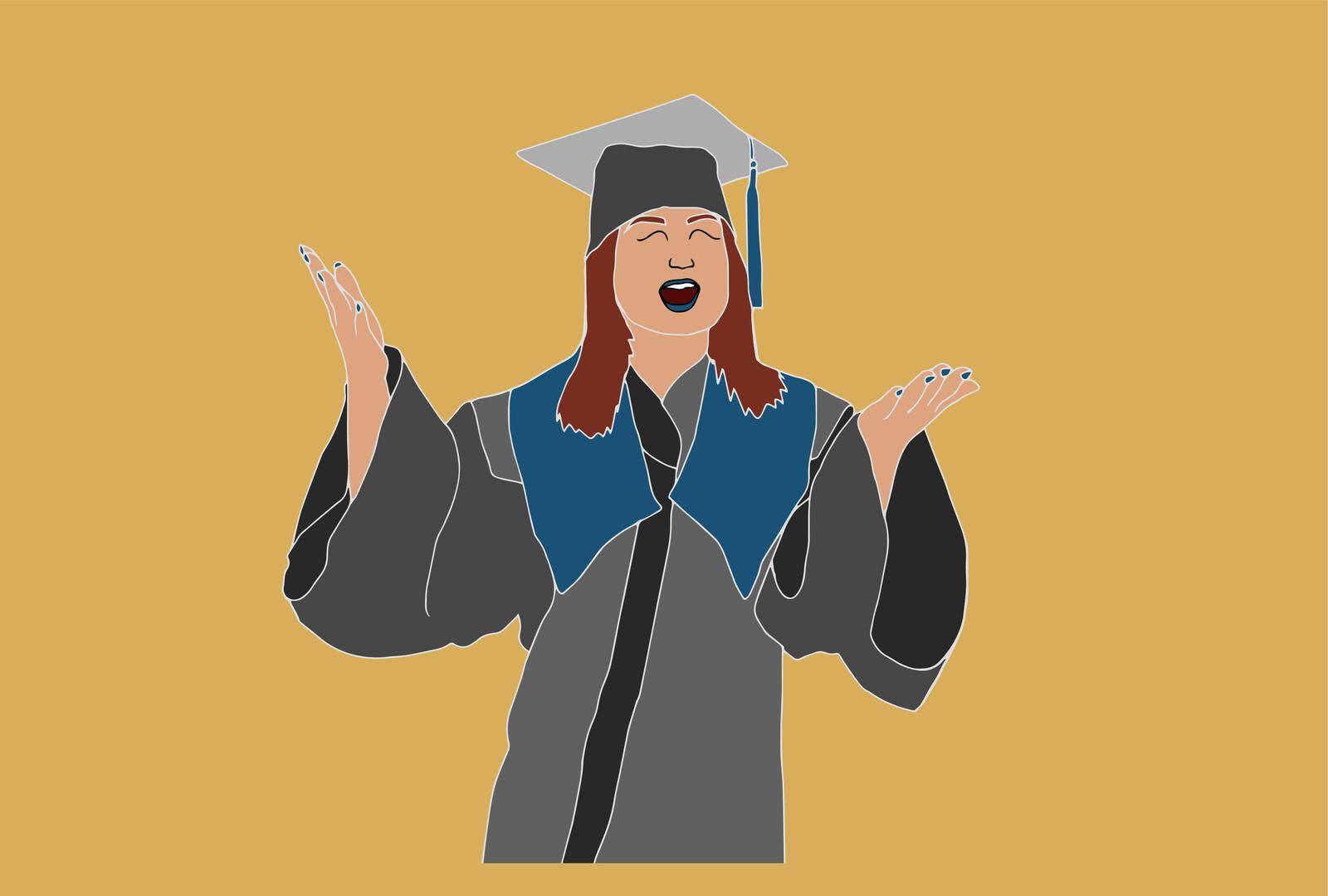 A Graduate with bachelor caps smile in front of a cheering crowd and rejoice at his achievement in the background of Marathon completion. Vector illustration