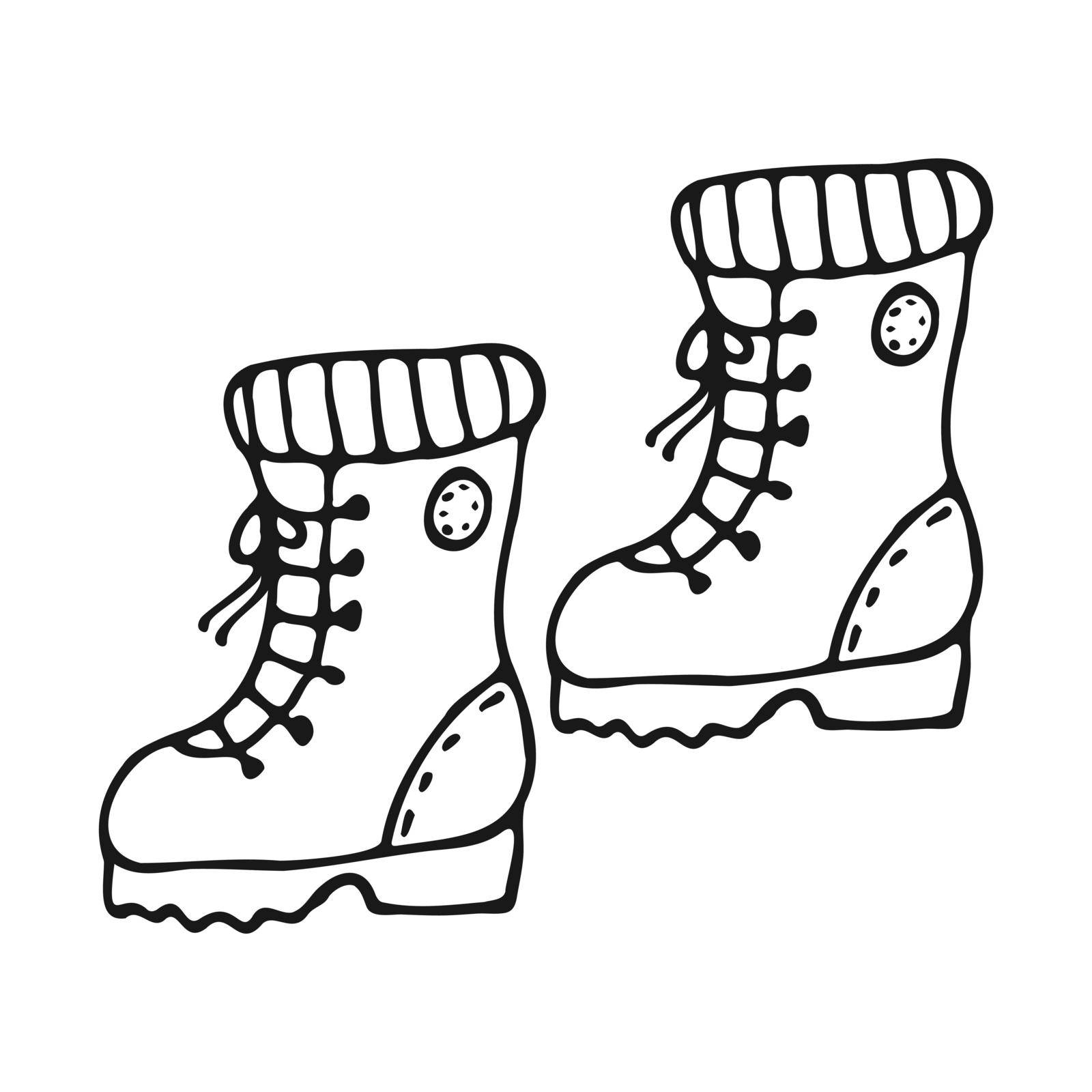 A pair of doodle-style hiking boots. Shoes hand drawn black outline on a white background. Vector illustration.