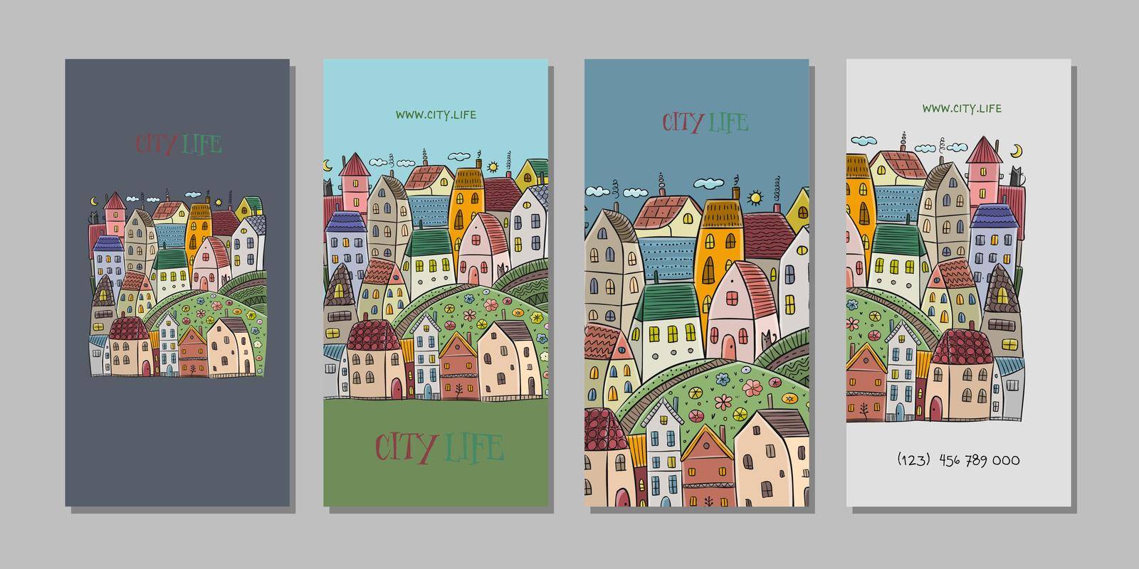 Vintage old city, cute houses. Concept art for your business. Creative ideas for cards, banner, web, promotional materials. Corporate identity template