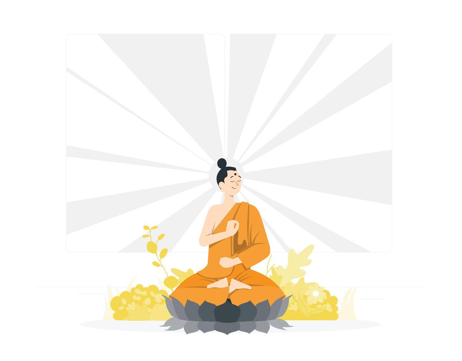 Happy Vesak Day, Buddha Purnima wishes greetings with buddha and lotus illustration. Can be used for poster, banner, logo, background, greetings, print design, festive elements. vector illustration.