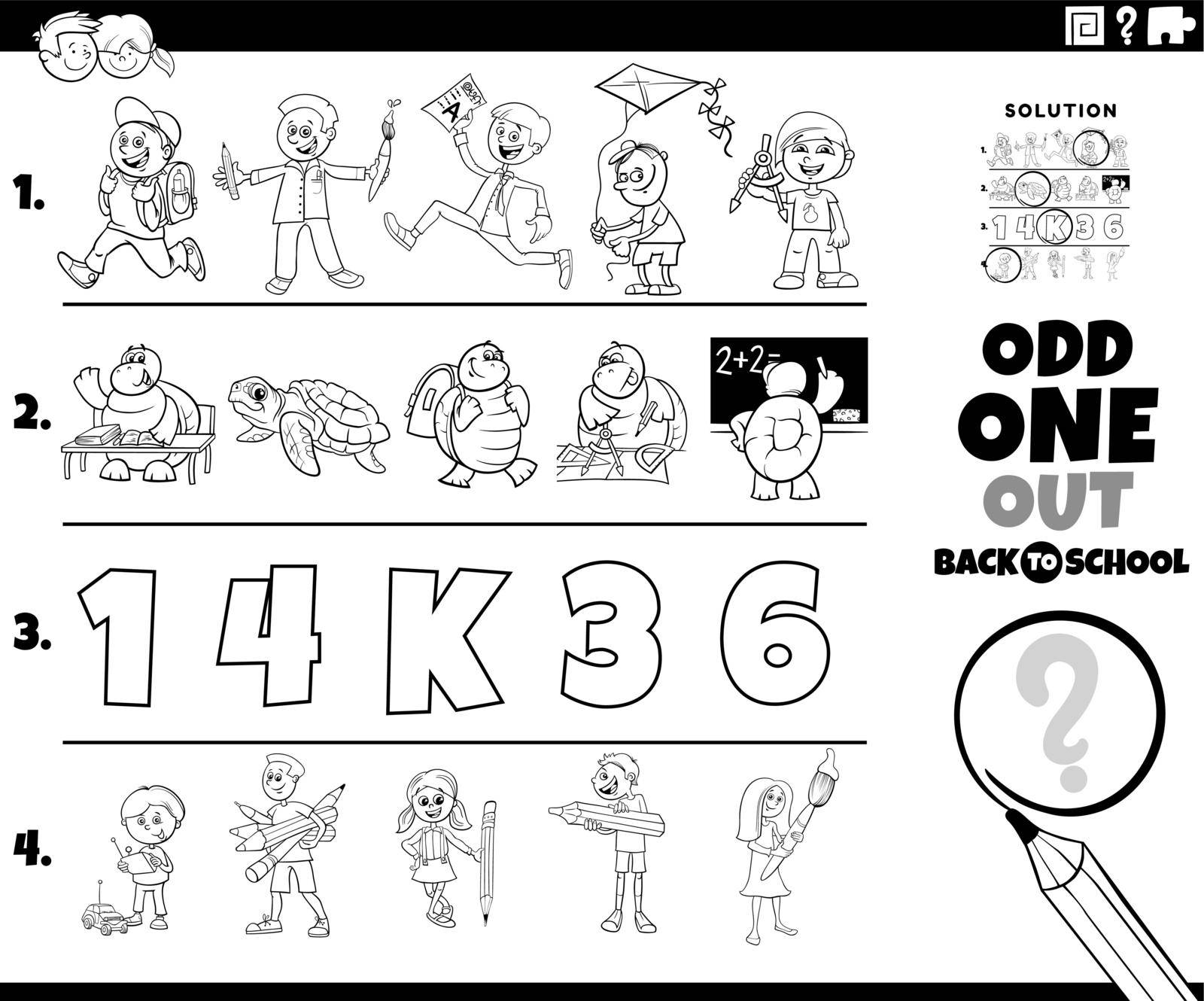 Black and white cartoon illustration of odd one out picture in a row educational activity for children with comic characters coloring book page