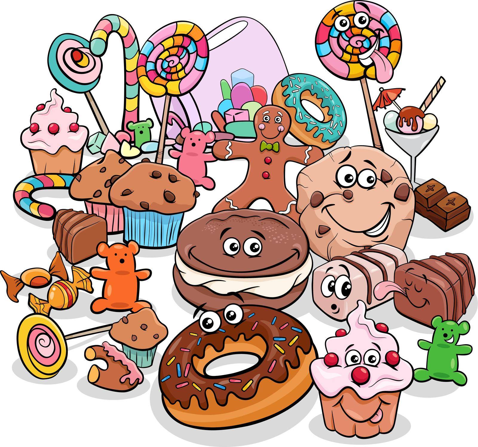 cartoon illustration of sweet food objets and candy objects group