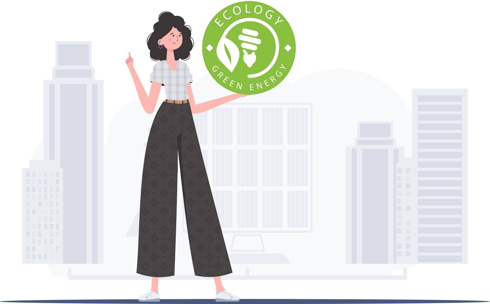 The concept of green energy and ecology. The girl holds the ECO logo in her hands. Fashionable, trendy style. Vector. by Javvani
