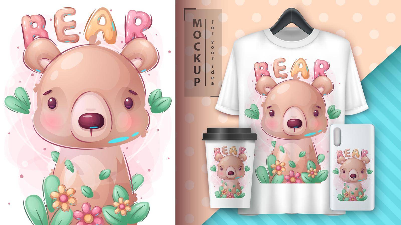 Bear in flower poster and merchandising. Vector eps 10