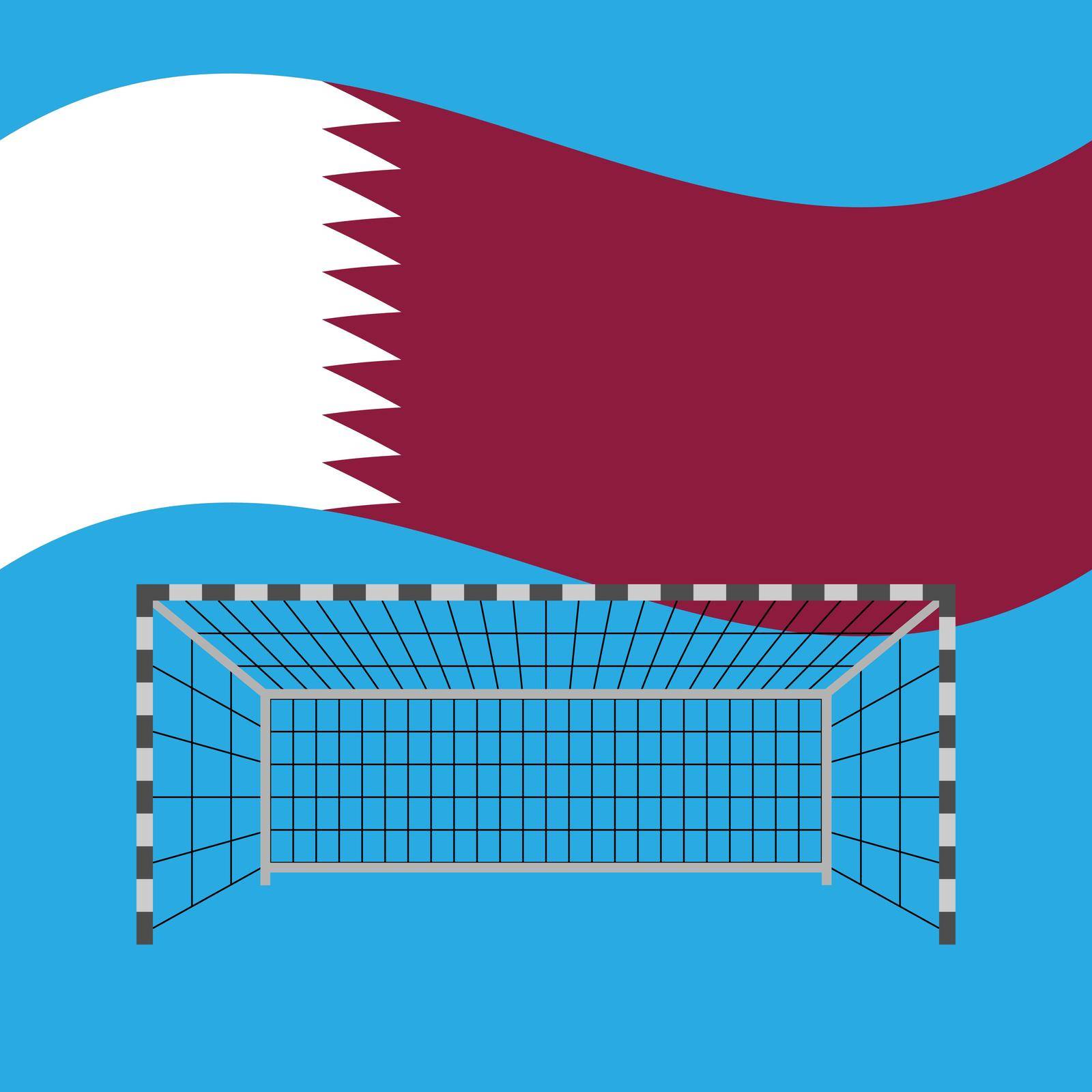 Black and white football equipment. Isolated goal with net for playing football. Front view. Qatar flag behind gate. Blue background. Elements for thematic sports design, competition and championship.