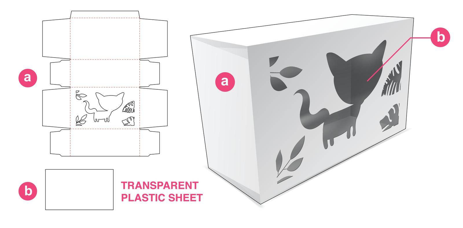 Cardboard packaging with fox in jungle window and transparent plastic sheet die cut template