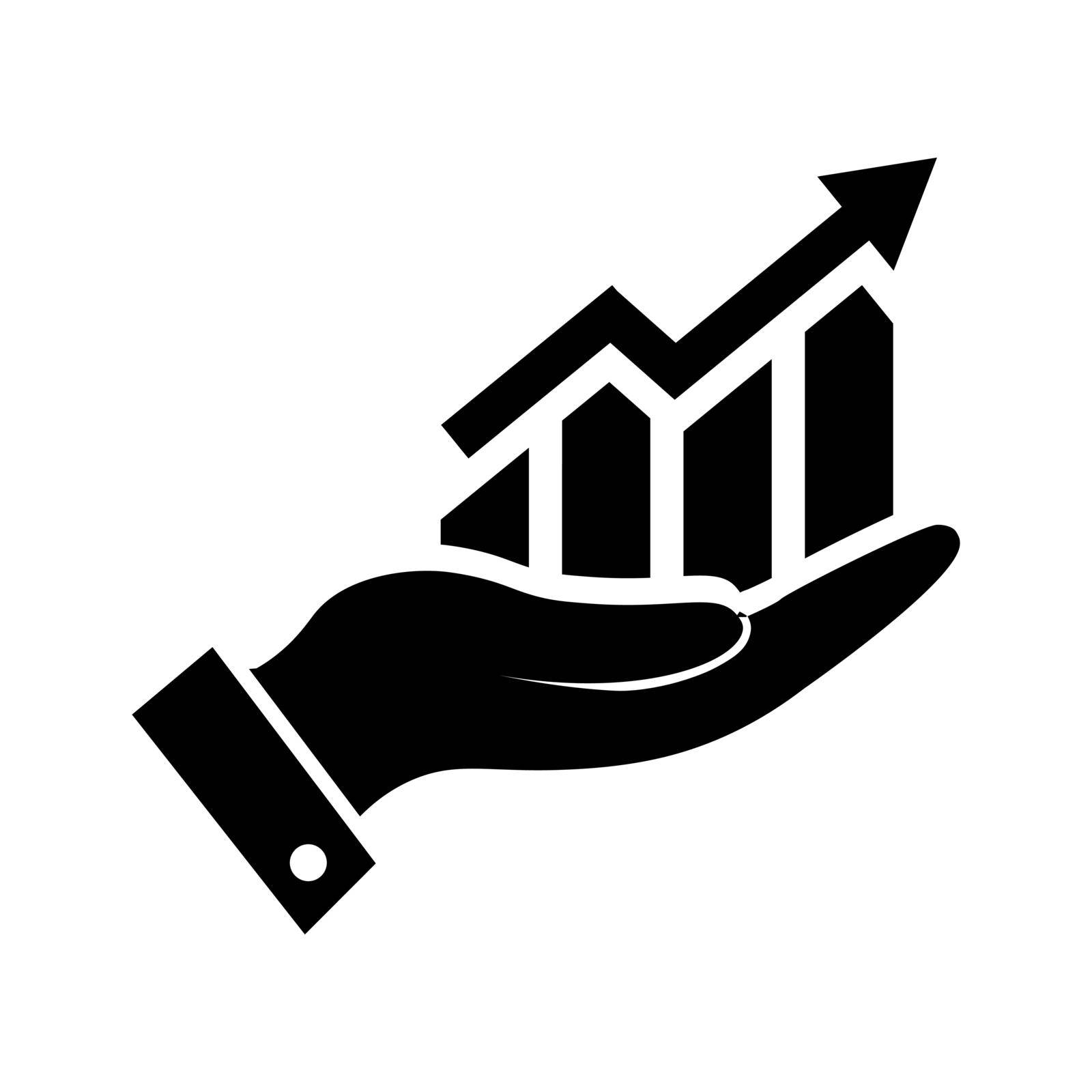 Market forecast icon in flat style. Growth symbol on white background. Diagram with an arrow on the hand in black. Vector illustration for web site design, logo, app, UI