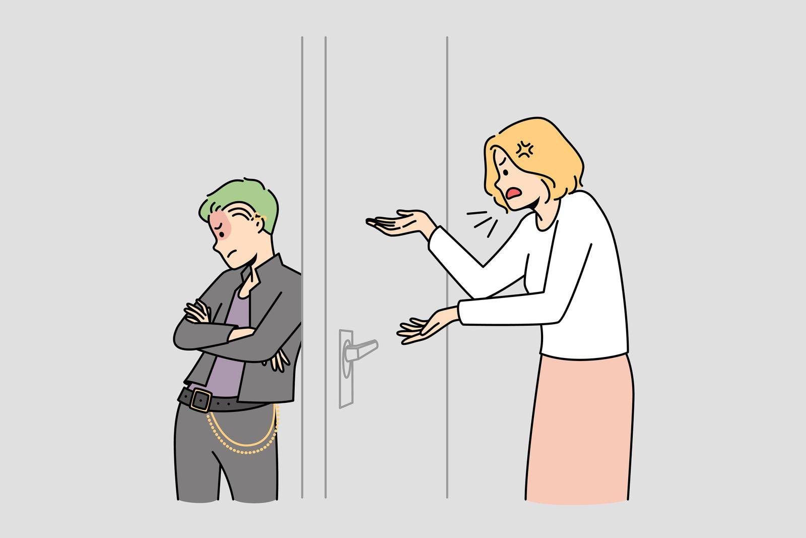 Angry mother talking to teen goth child locked in room. Parent children relationship concept. Adolescence and growing up. Vector illustration.