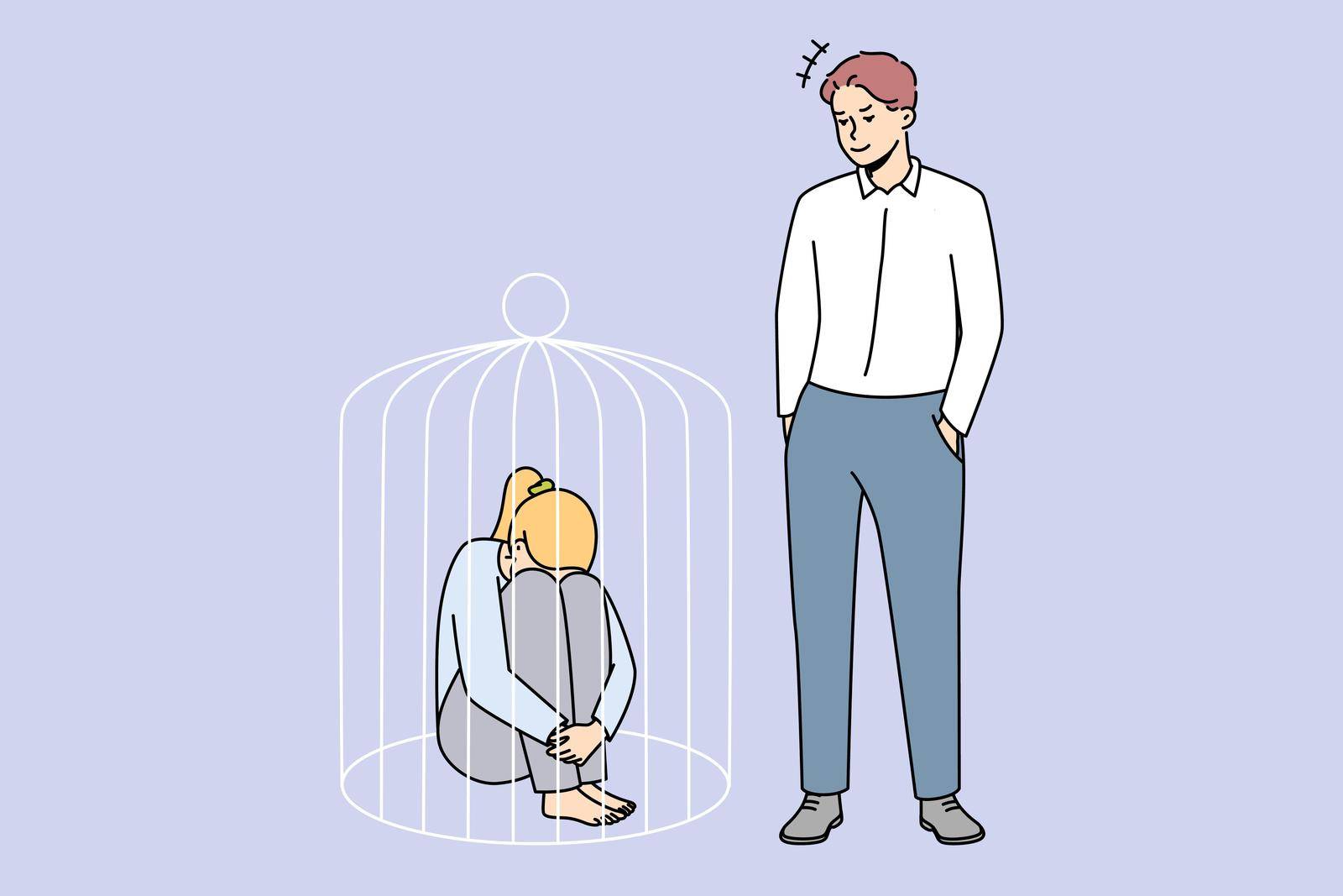 Man lock sad woman in cage by VECTORIUM