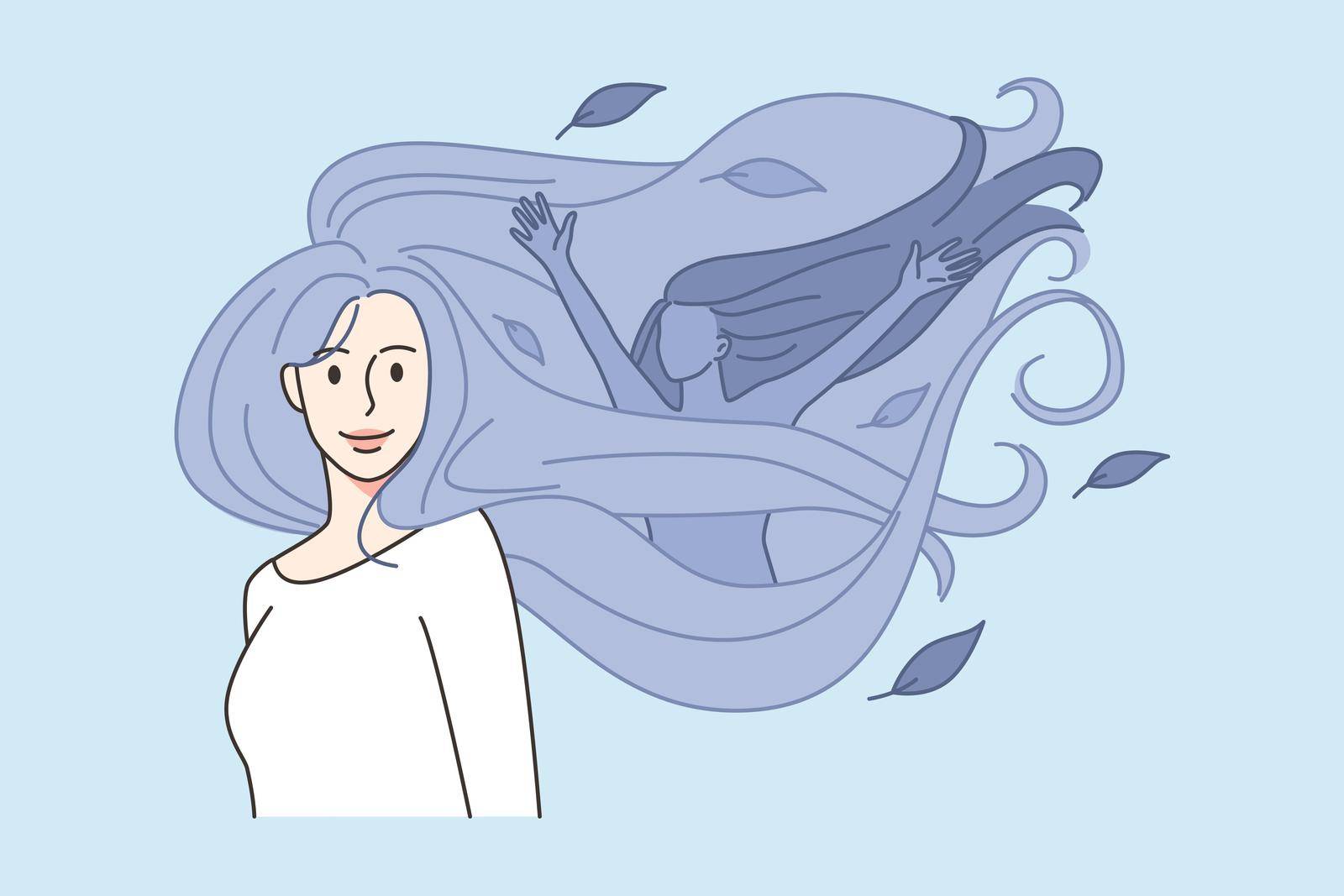 Happy young woman with smiling female in hair being optimistic and positive. Joyful girl celebrate world mental health day. Stress and depression recovery. Vector illustration.