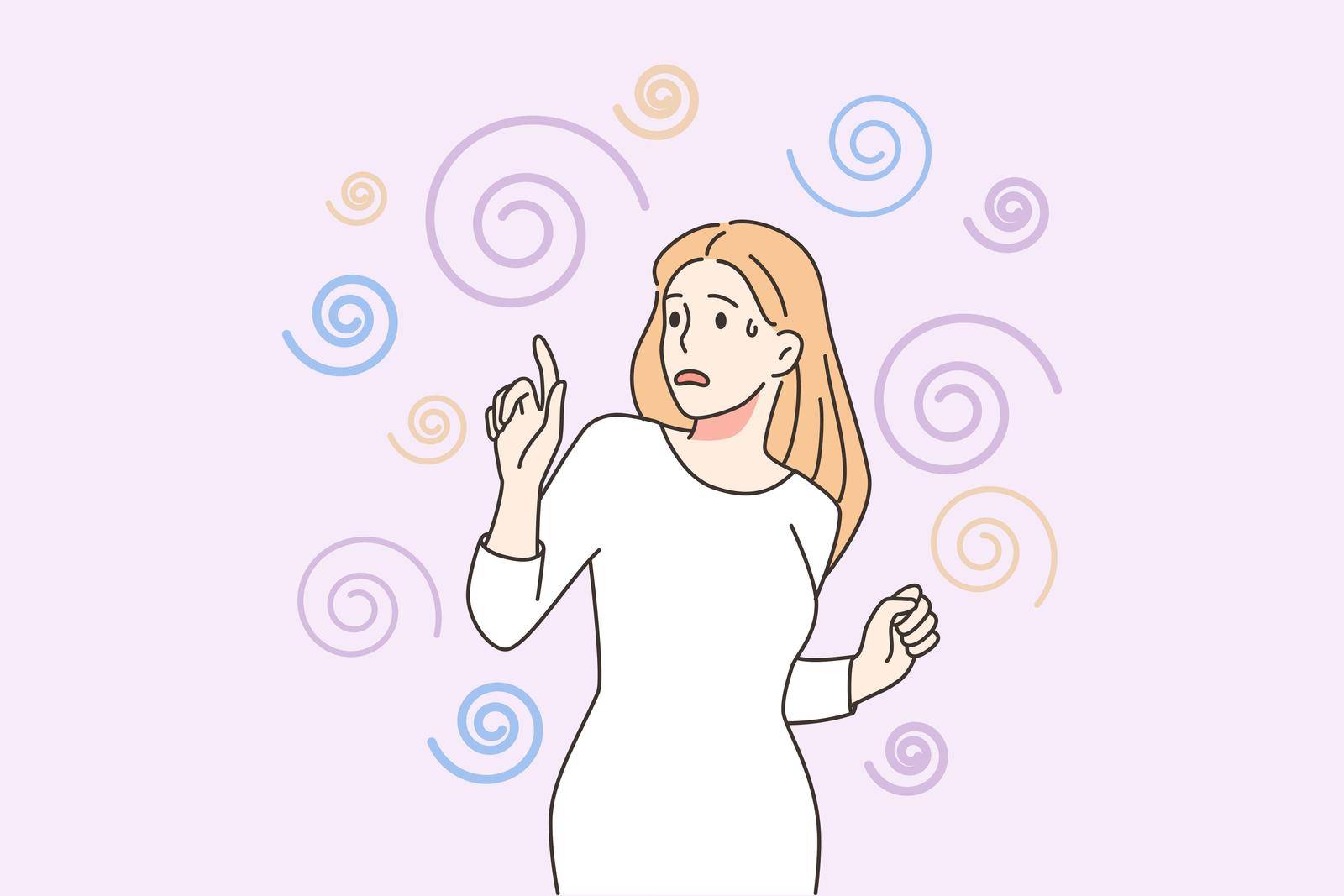 Stressed woman suffer from toxic thoughts in head. Unhappy distressed female struggle repetitive mind scenarios. Mental problem concept. Vector illustration.