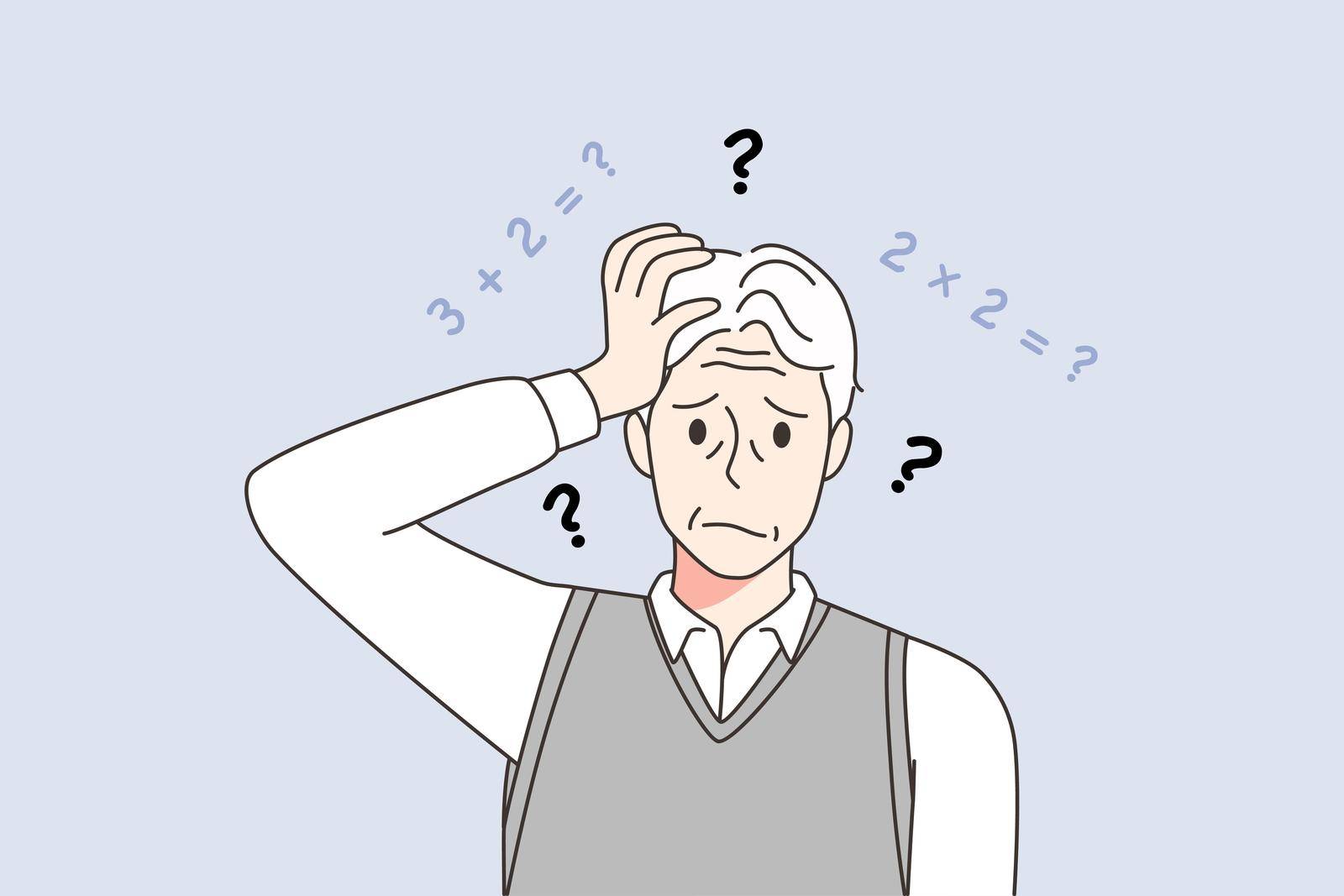 Unhappy elderly man lose memory suffer from dementia or Alzheimer disease. Concept of old people health problems. Healthcare and geriatrics. Vector illustration.