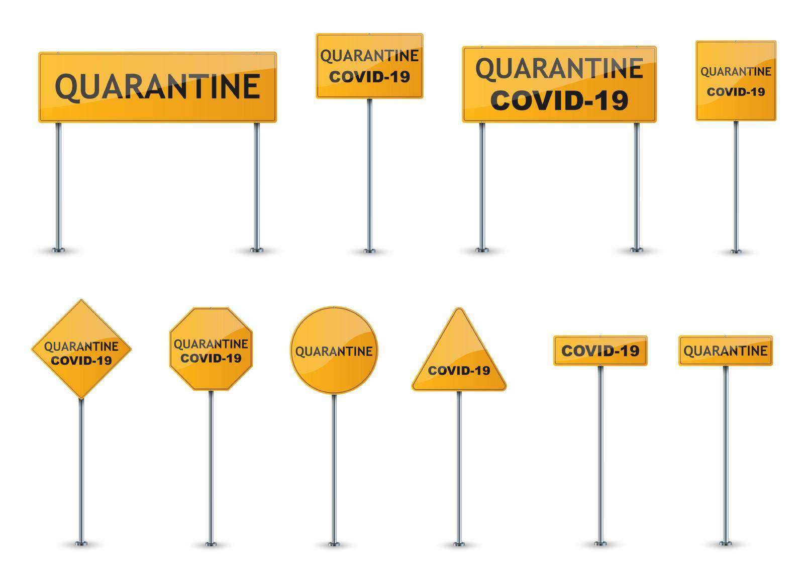 Quarantine signs set. Coronavirus danger signs. Covid-19 road sign isolated. Vector illustration.